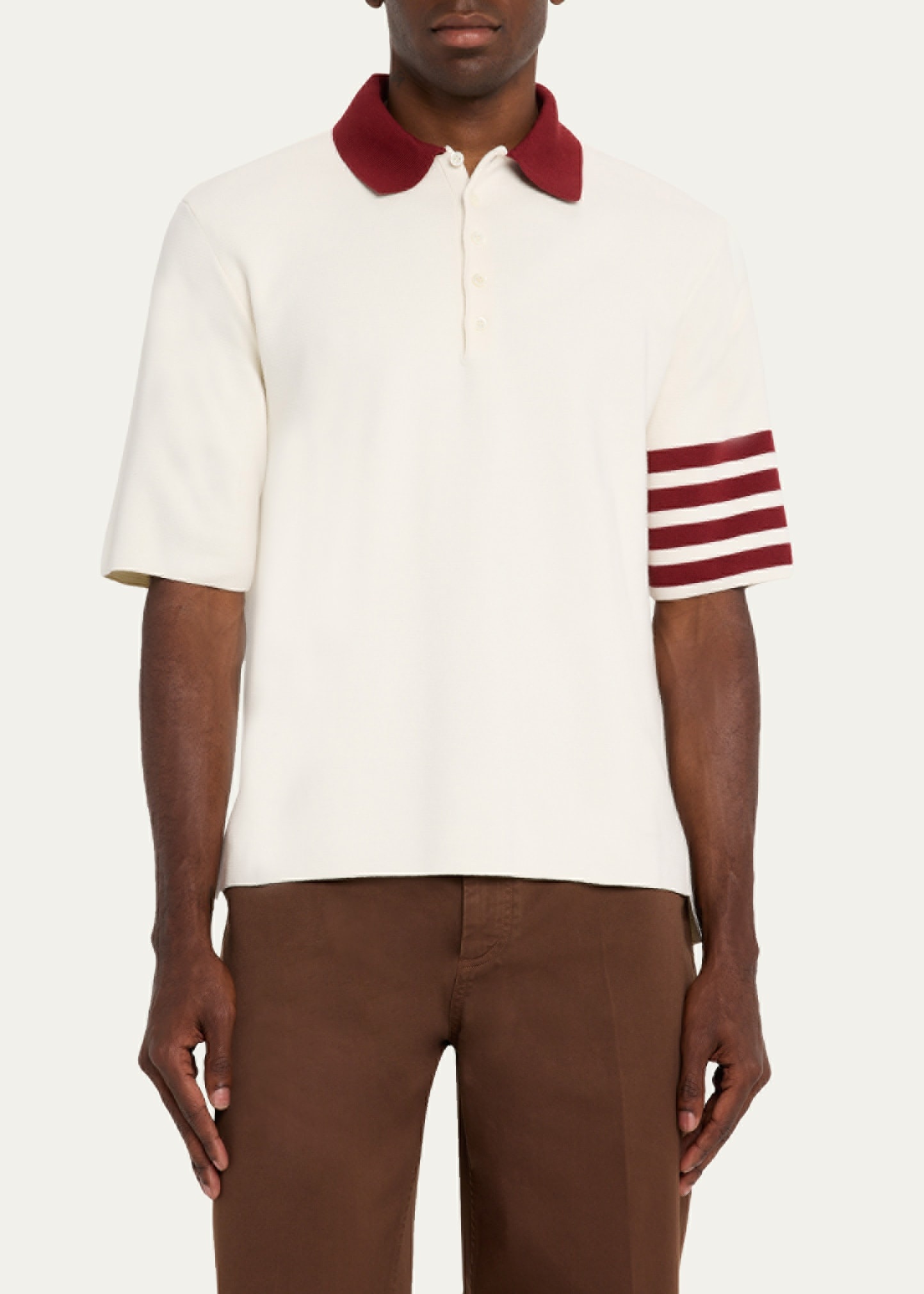 Men's Ecru Cotton Stripe-Sleeve Polo Shirt - 4