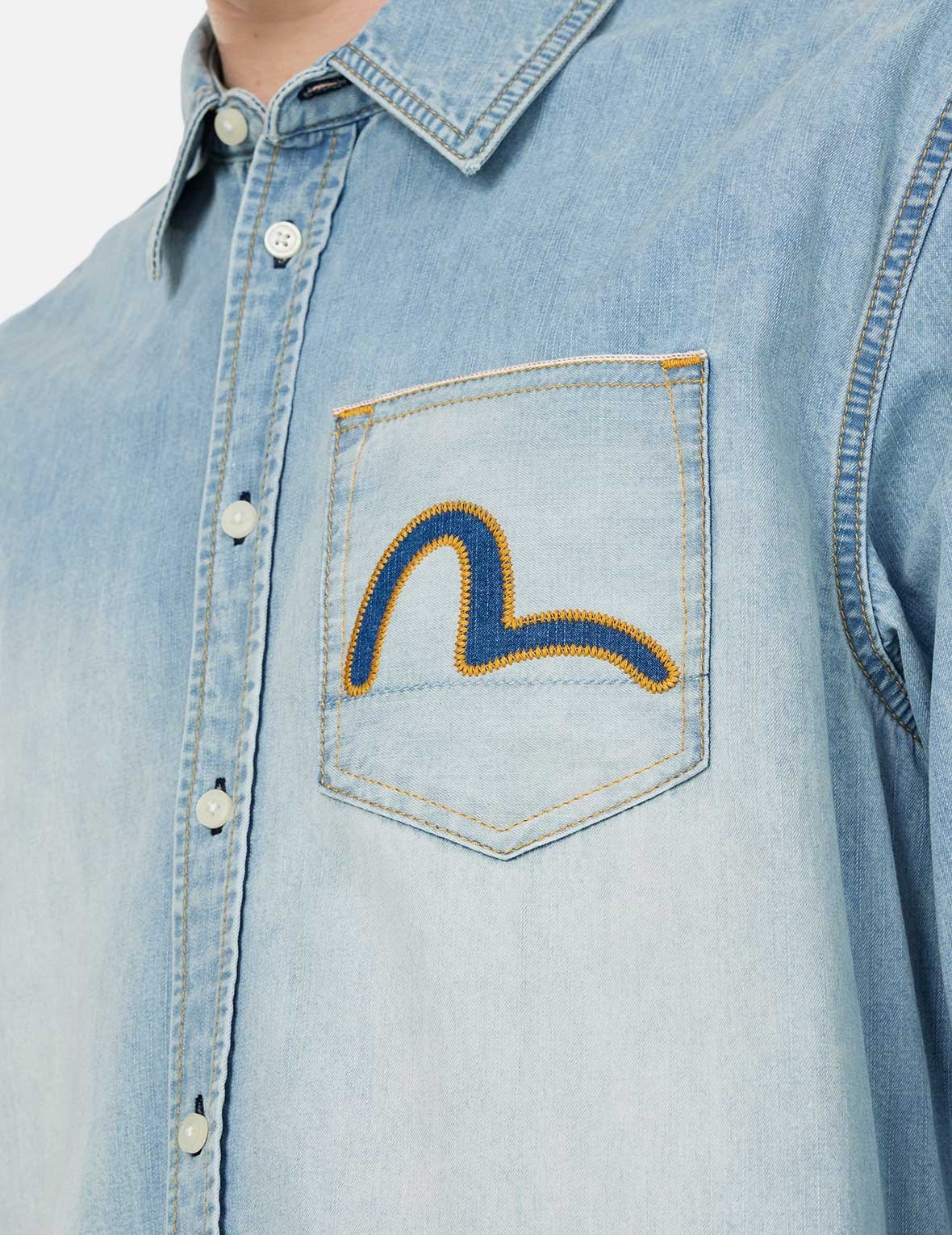 Inserted Seagull Embroidery Relax Fit Denim Shirt - 13