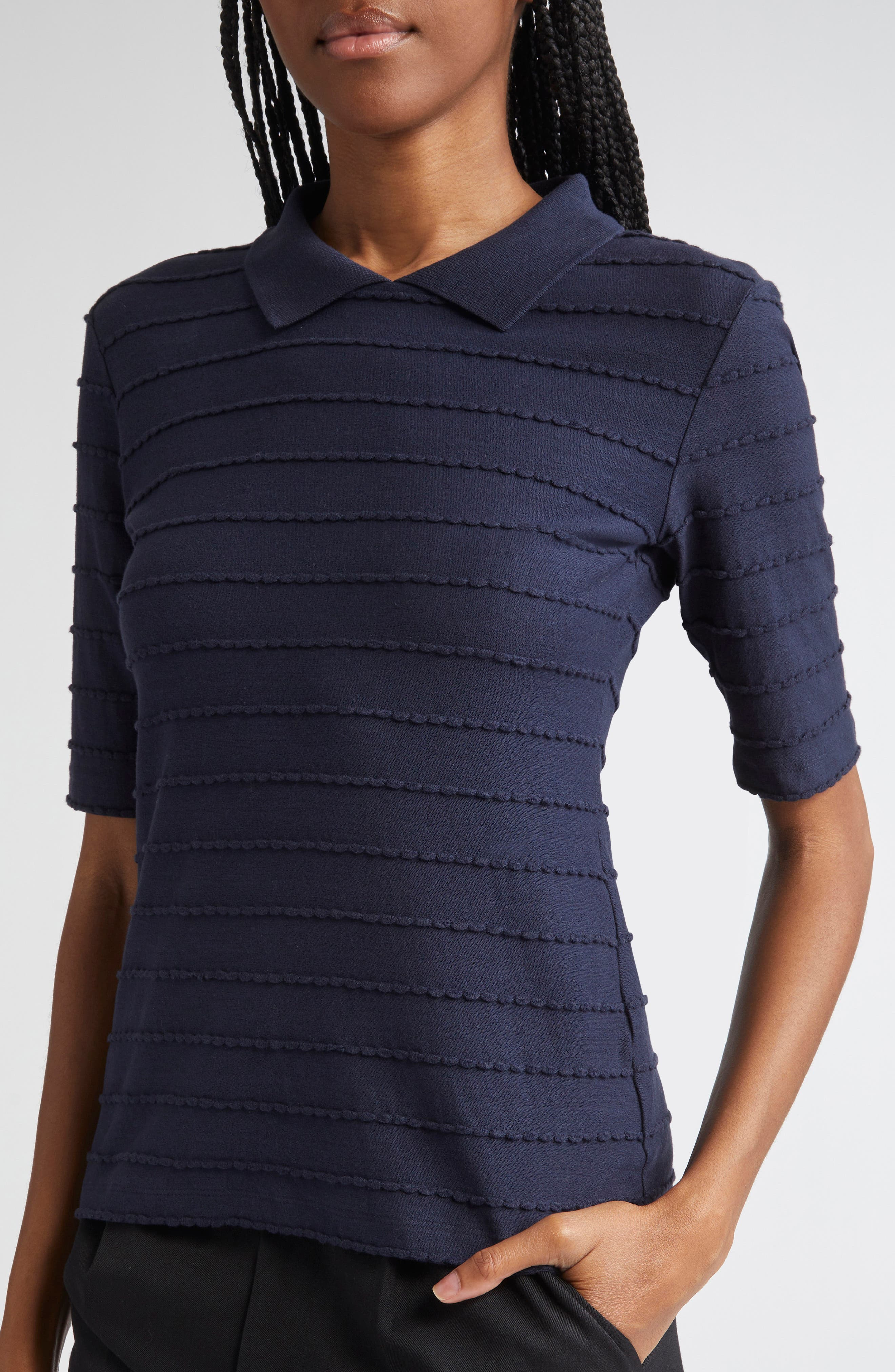 Emporio Armani Scallop Trim Collared T-Shirt in Solid Dark Blue at Nordstrom - 4
