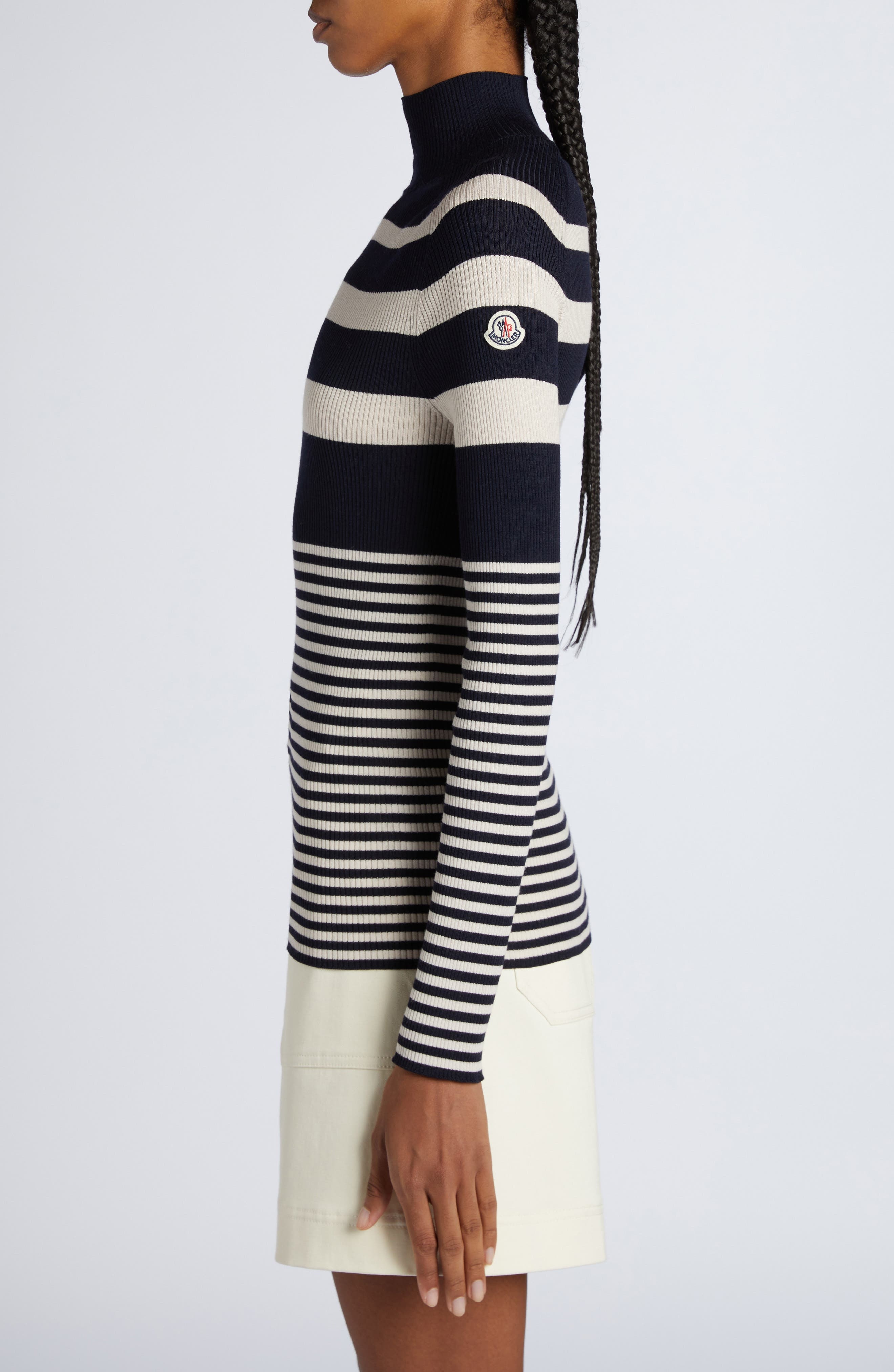 Moncler Stripe Virgin Wool Rib Mock Neck Sweater in White/Blue at Nordstrom - 3
