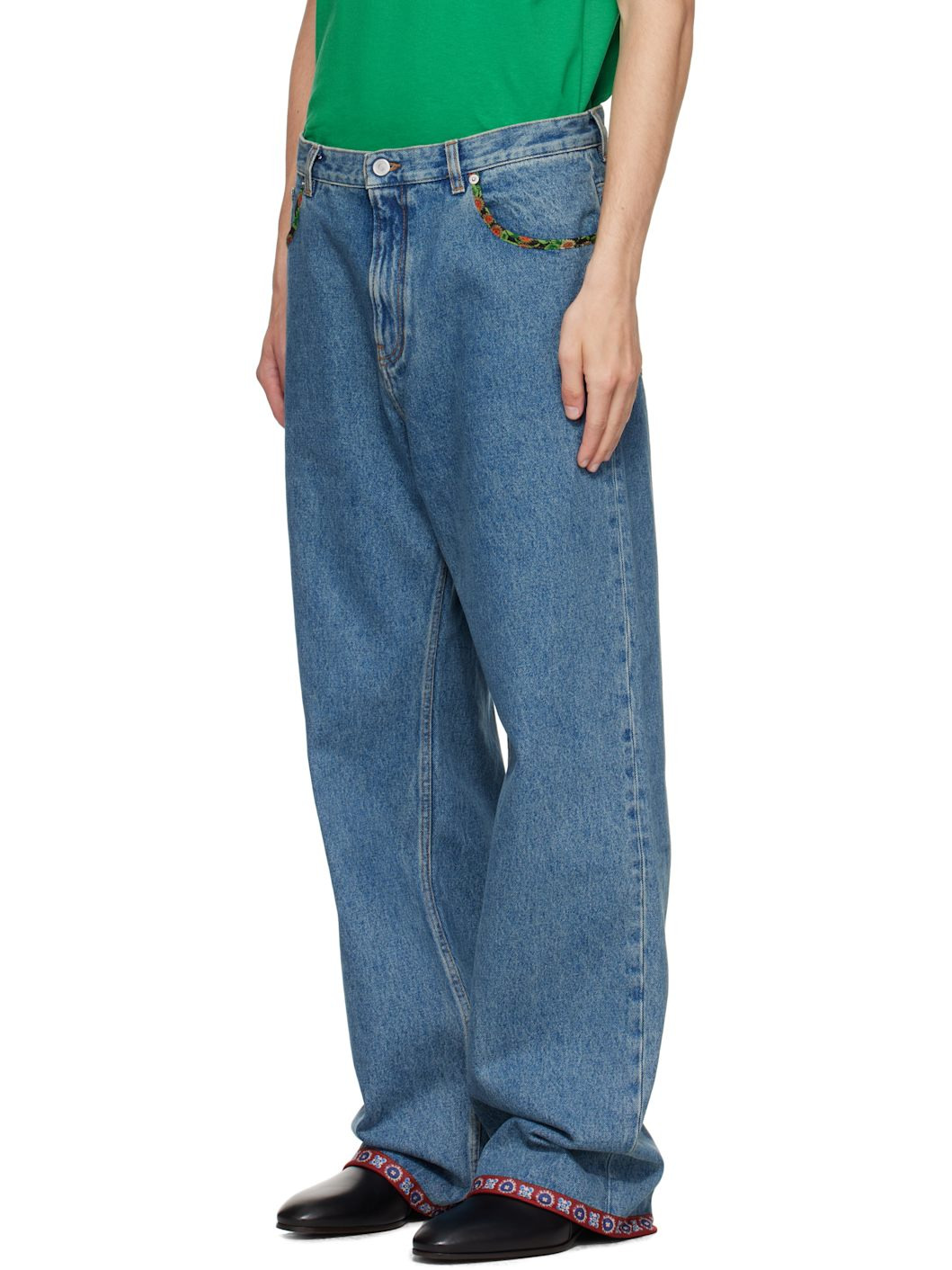 Blue Printed Border Jeans - 4
