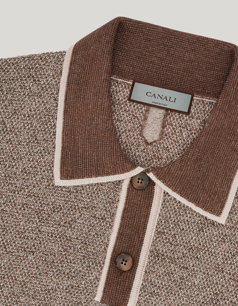 BROWN LINEN AND SILK JACQUARD POLO SHIRT WITH CONTRASTING COLLAR 6
