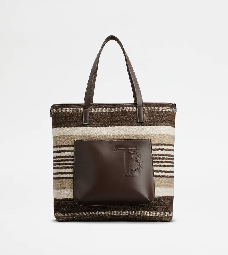 SHOPPING BAG IN FABRIC AND LEATHER MEDIUM - BROWN 1
