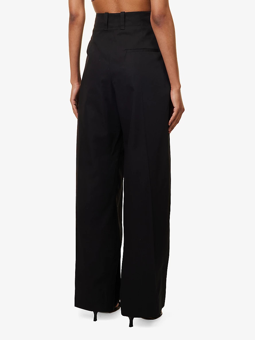 Pleated wide-leg high-rise cotton-blend trousers - 4