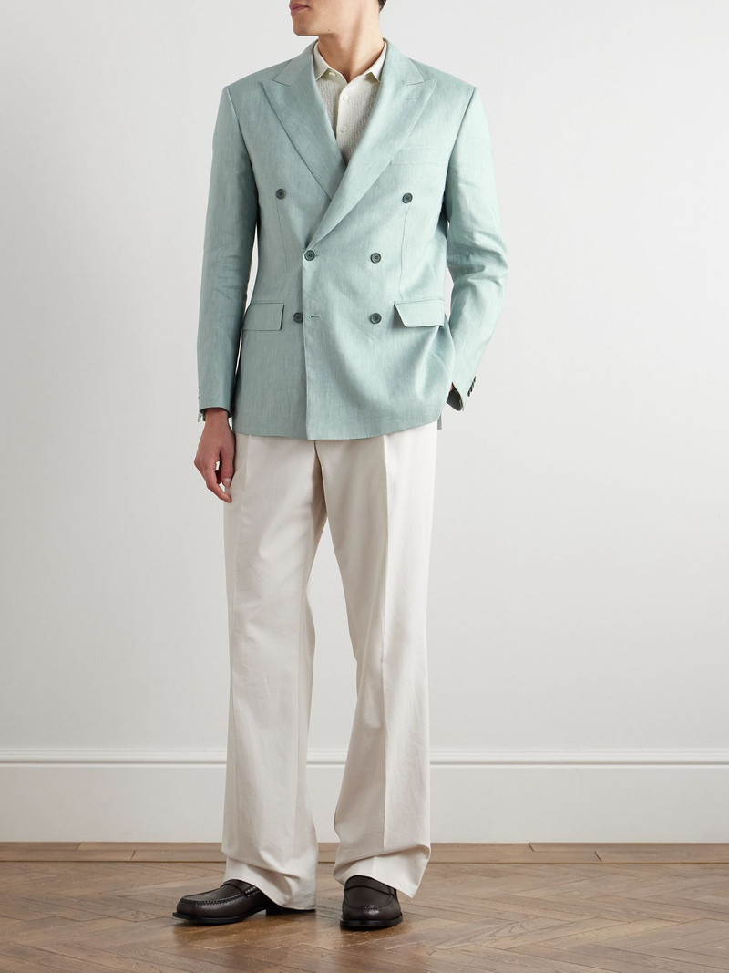 Brioni Double-Breasted Herringbone Linen, Wool and Silk-Blend Suit Jacket Blue outlook