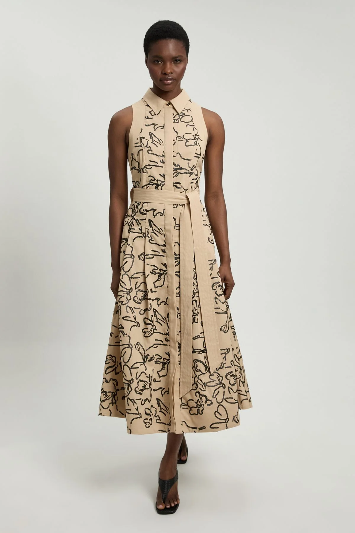 Linen Matte Sequin Collared Midi Dress - 1