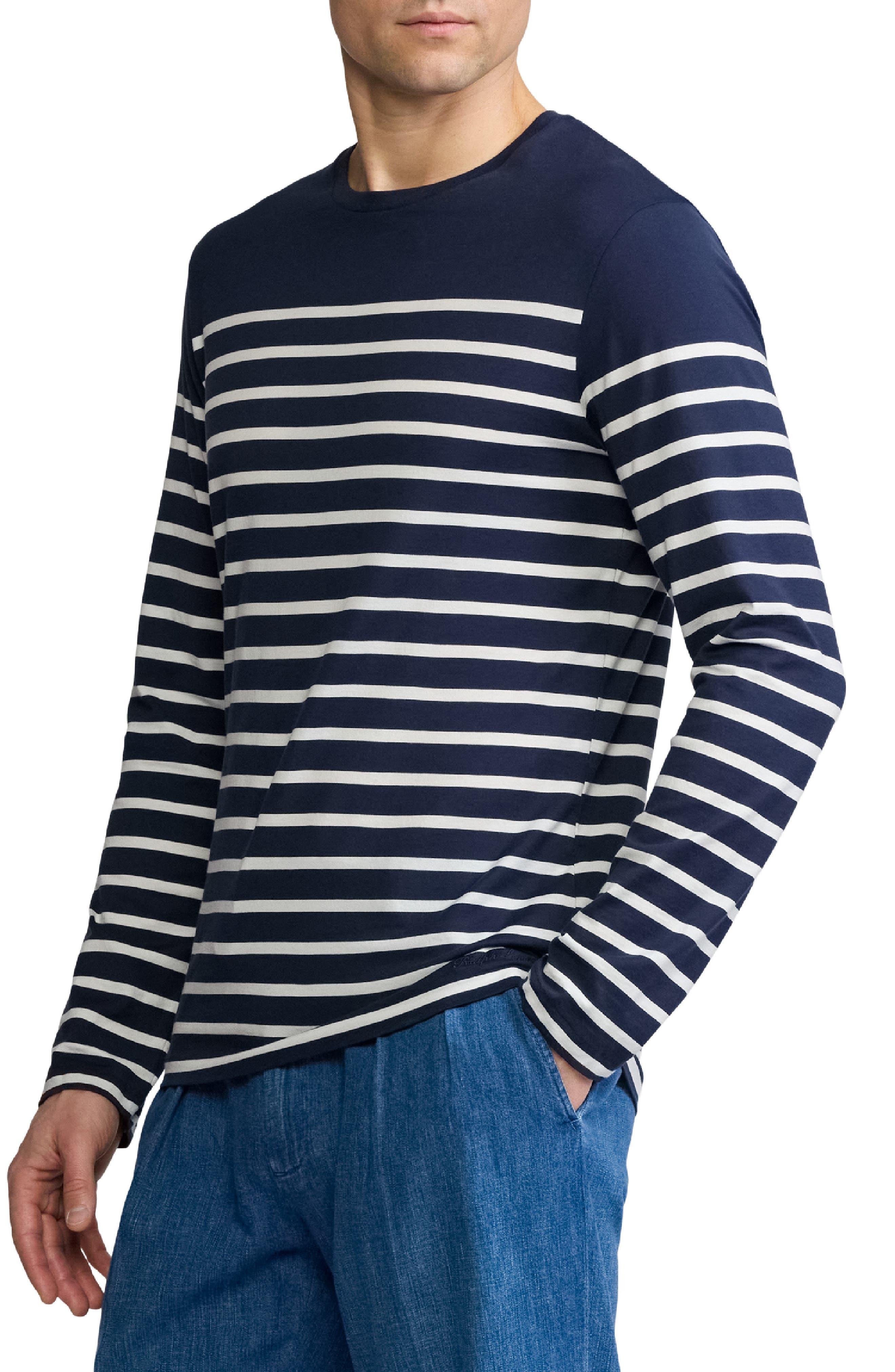 Ralph Lauren Purple Label Luxury Lisle Stripe Long Sleeve T-Shirt in Classic Chairman Navy at Nordst - 3