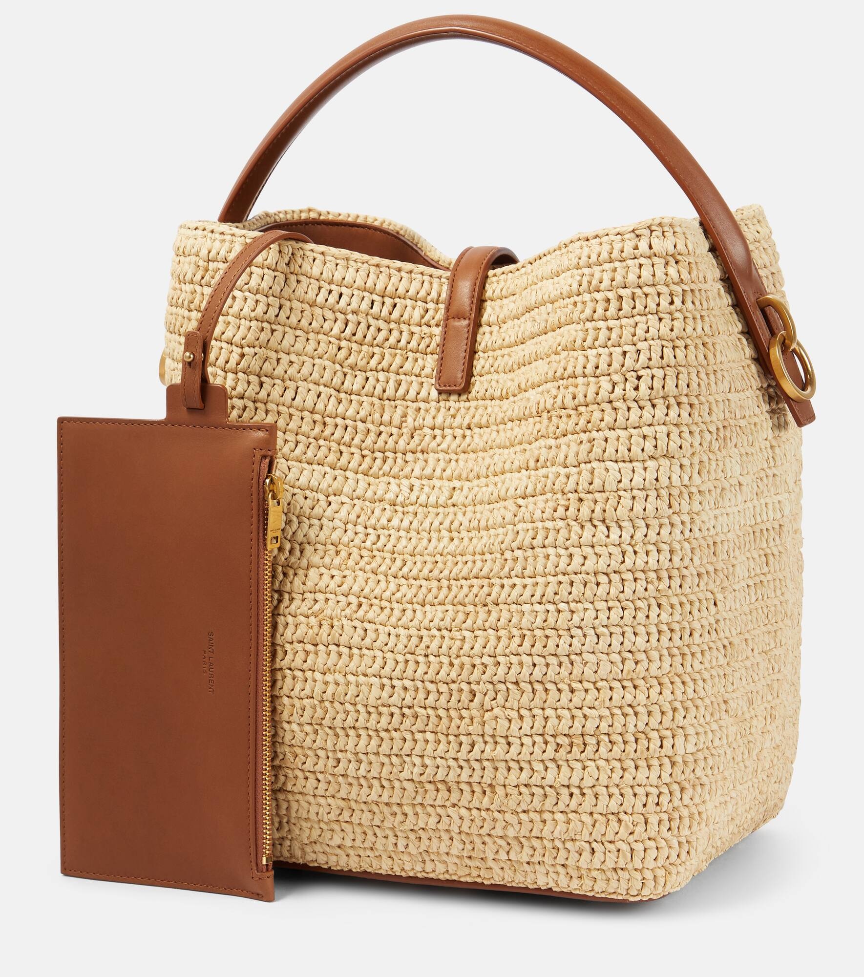 Le 37 leather-trimmed raffia bucket bag - 6