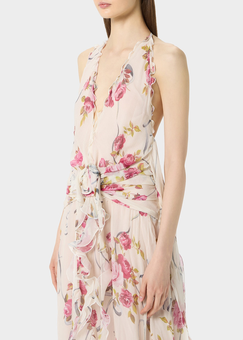 Blumarine RUFFLED LONG DRESS IN PRINTED CREPONNE WITH ROSE DECORATION -  2A647A-F7141 | REVERSIBLE