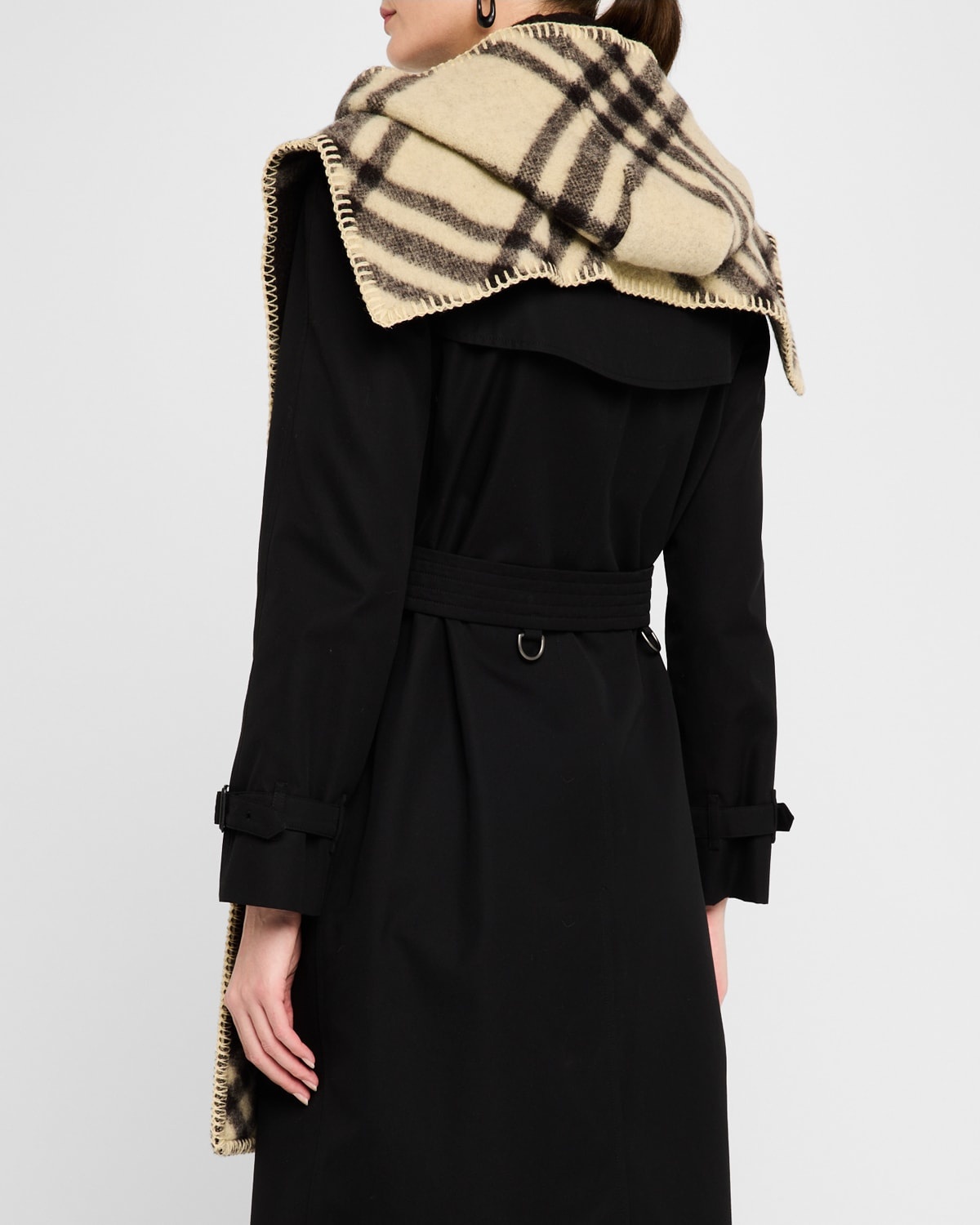 Calf Leather Check-Print Hooded Cape - 3