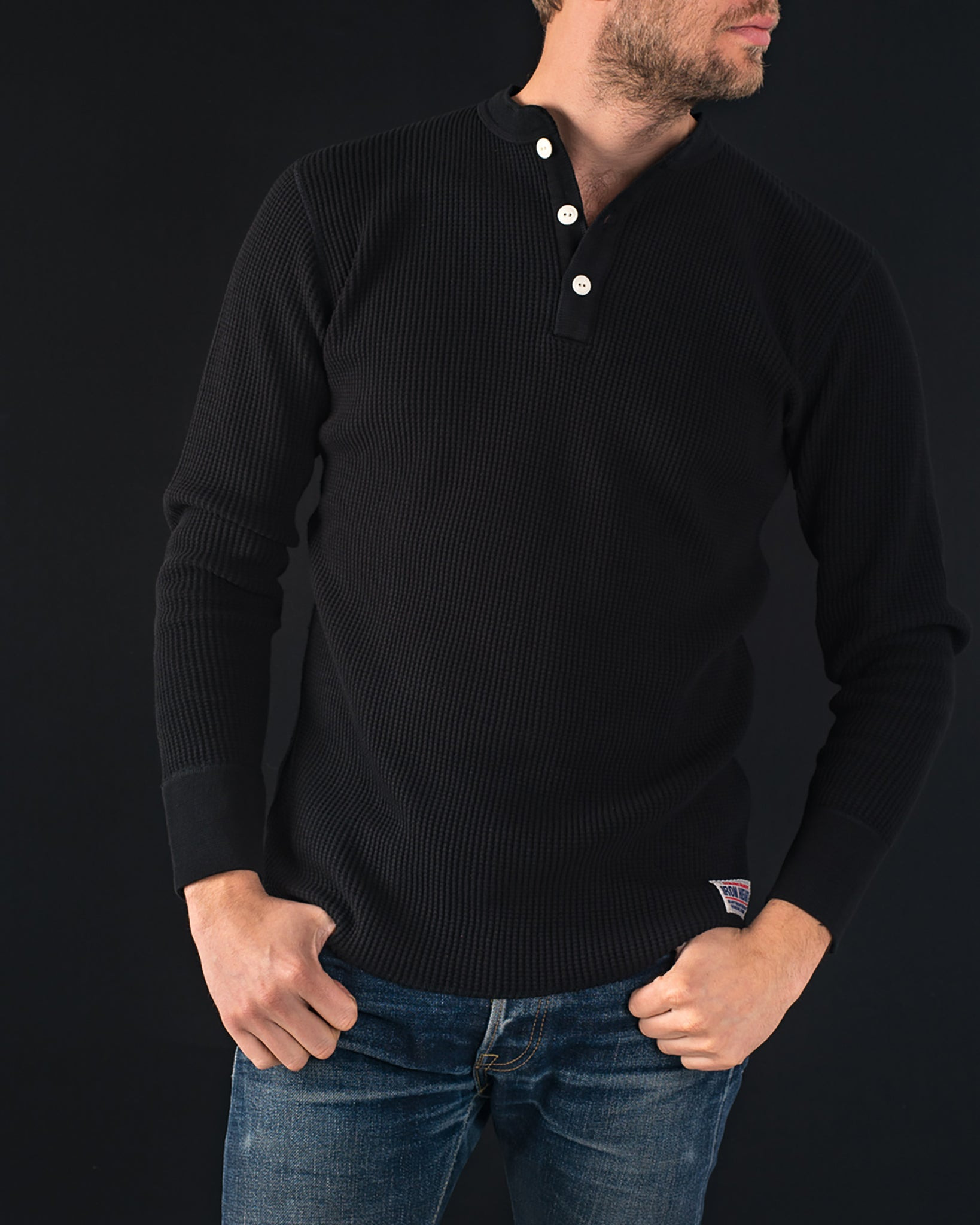 IHTL-1213-BLK Waffle Knit Long Sleeved Thermal Henley - Black - 4