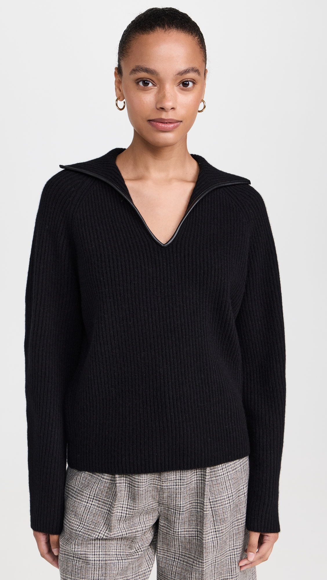 Leather Trim Ribbed Polo Sweater - 6