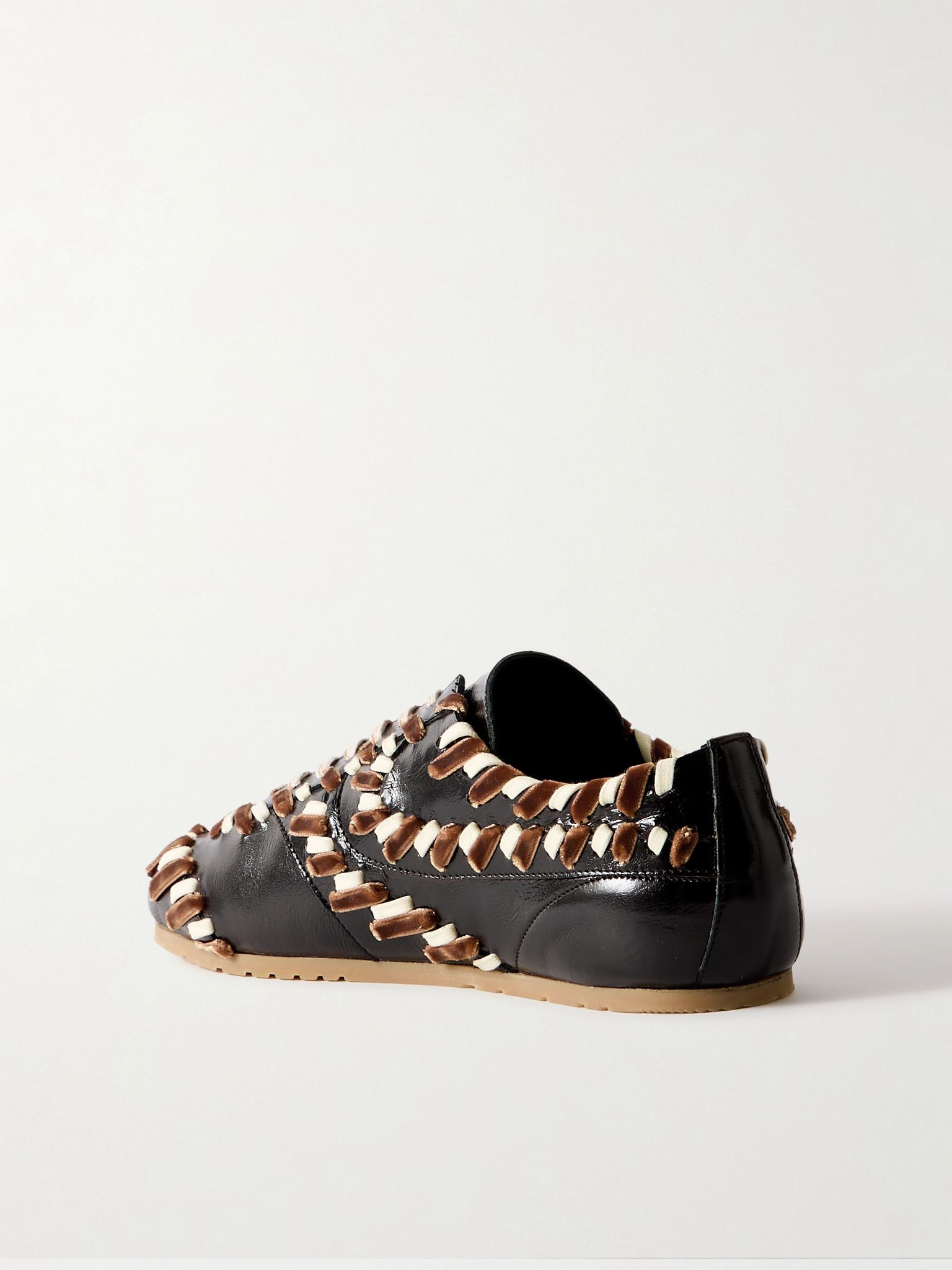Cord and velvet-trimmed glossed-leather sneakers Dark brown - 3