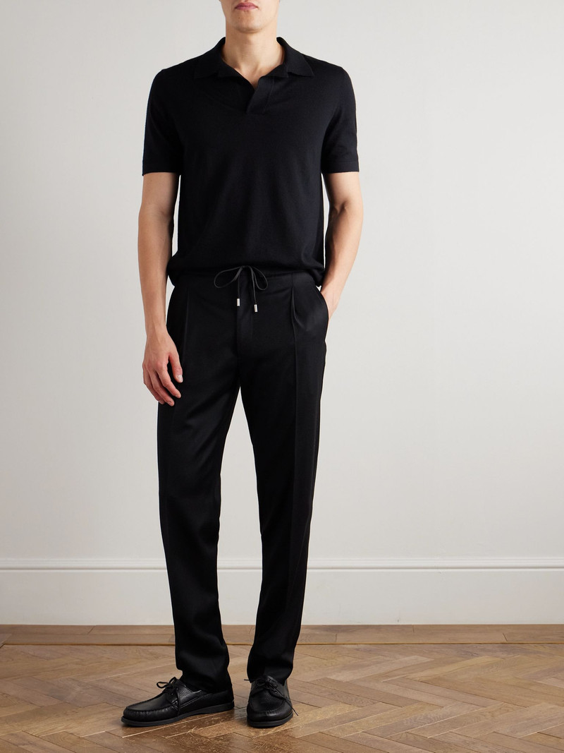 LARDINI Straight-Leg Pleated Stretch Virgin Wool and Cashmere-Blend Drawstring Trousers Black outlook