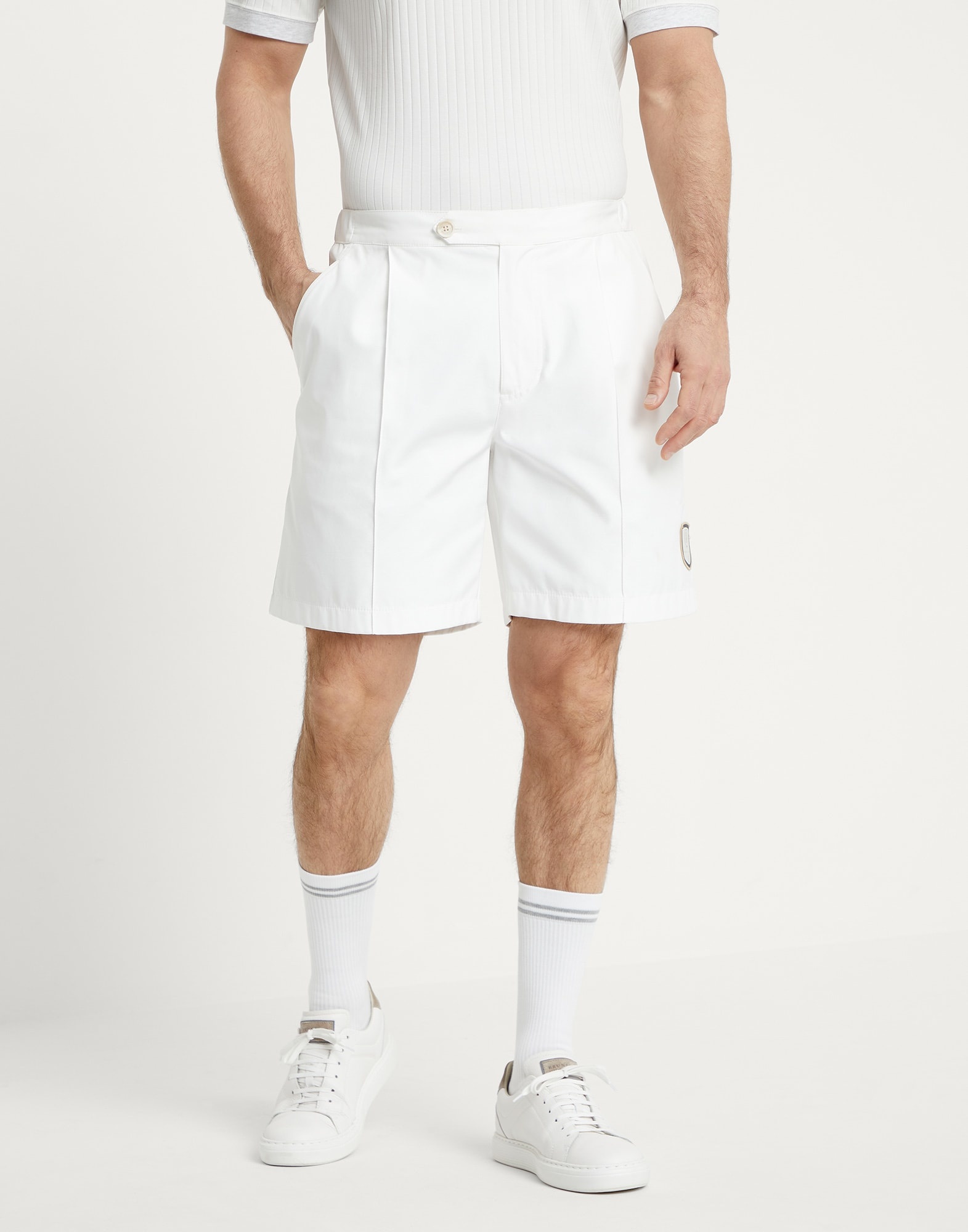 Bonded nylon pleated Bermuda shorts with tabbed waistband and tennis badge - 1