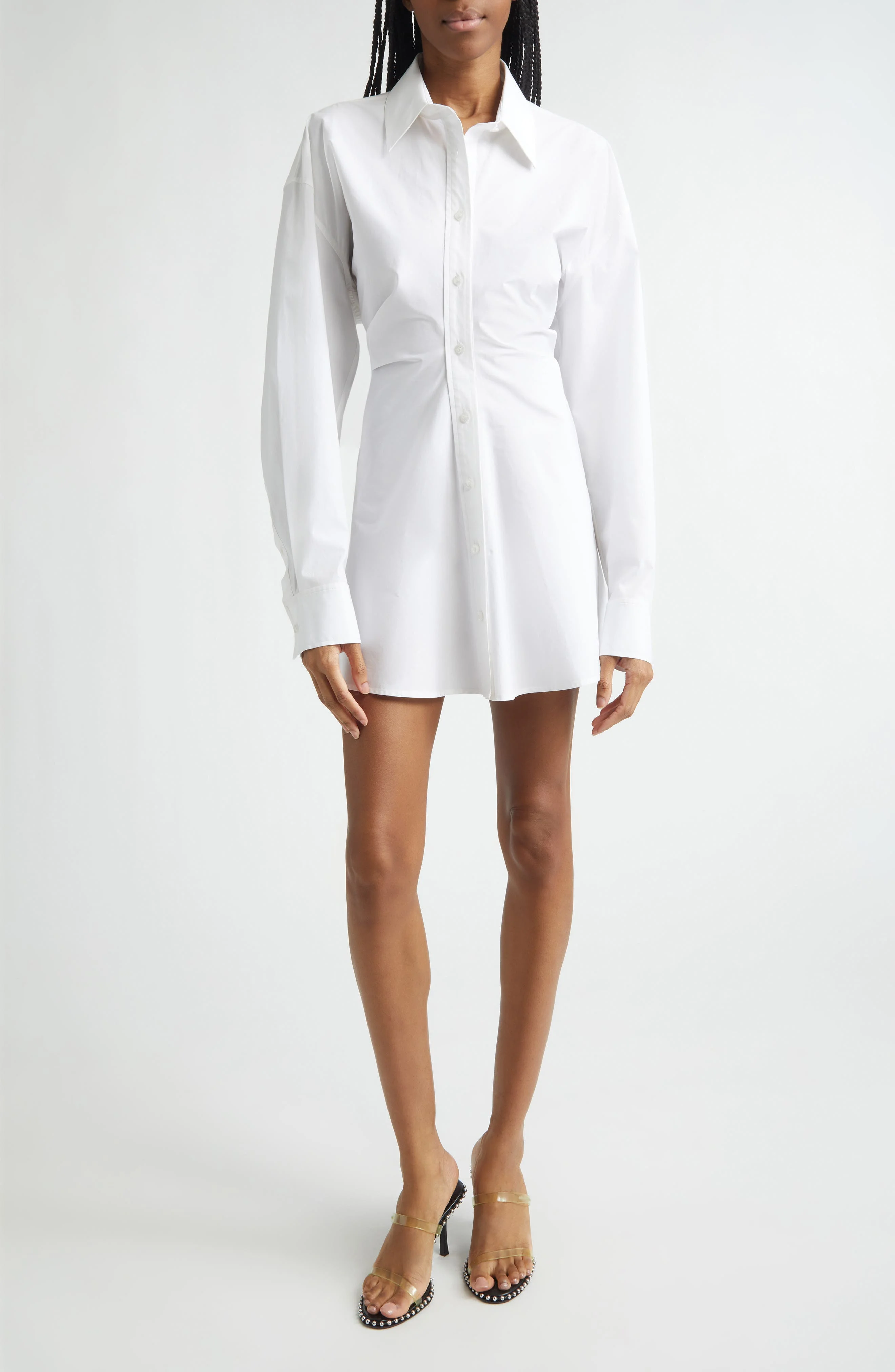 Alexander Wang Zip Cinch Long Sleeve Stretch Cotton Mini Shirtdress in White at Nordstrom - 1