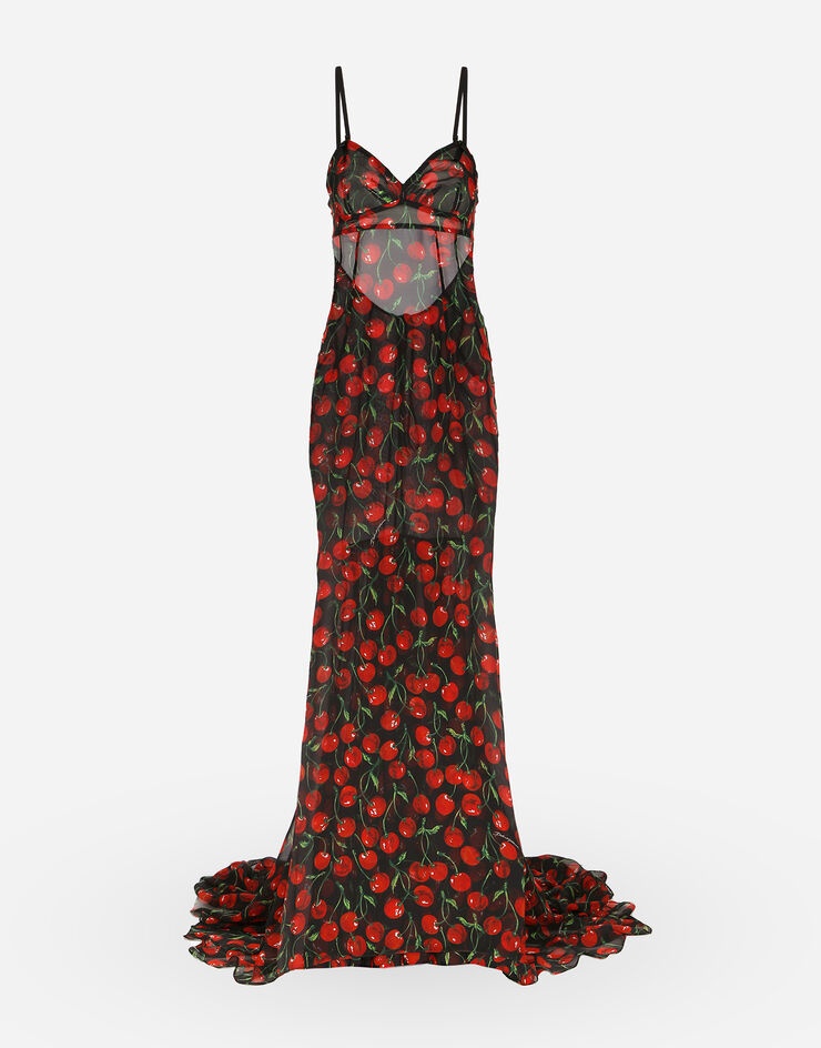 Long cherry-print chiffon dress with train - 1