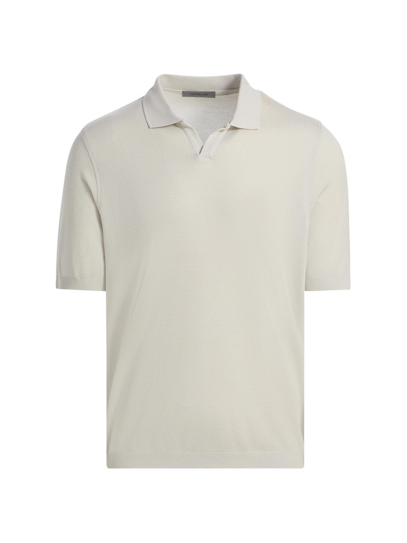 Men's Textured Cotton Johnny Collar Polo Shirt - White 1