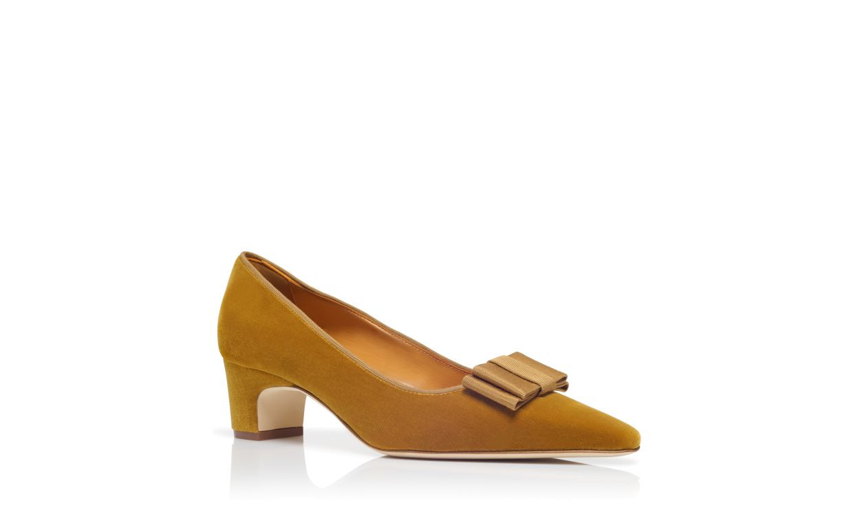 Dark Yellow Velvet Bow Detail Pumps - 3