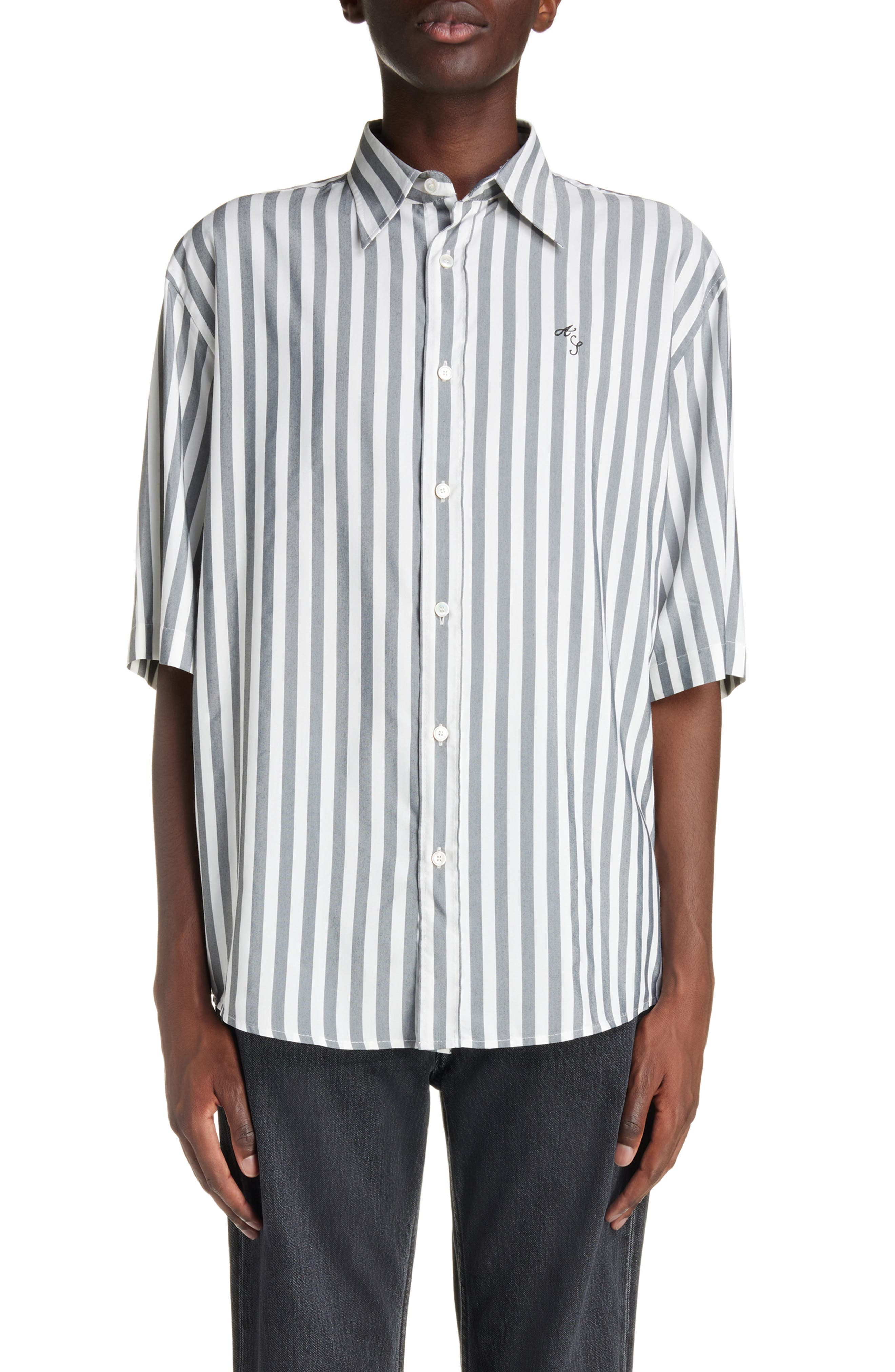Acne Studios Embroidered Logo Stripe Button-Up Shirt in Black/White at Nordstrom - 1