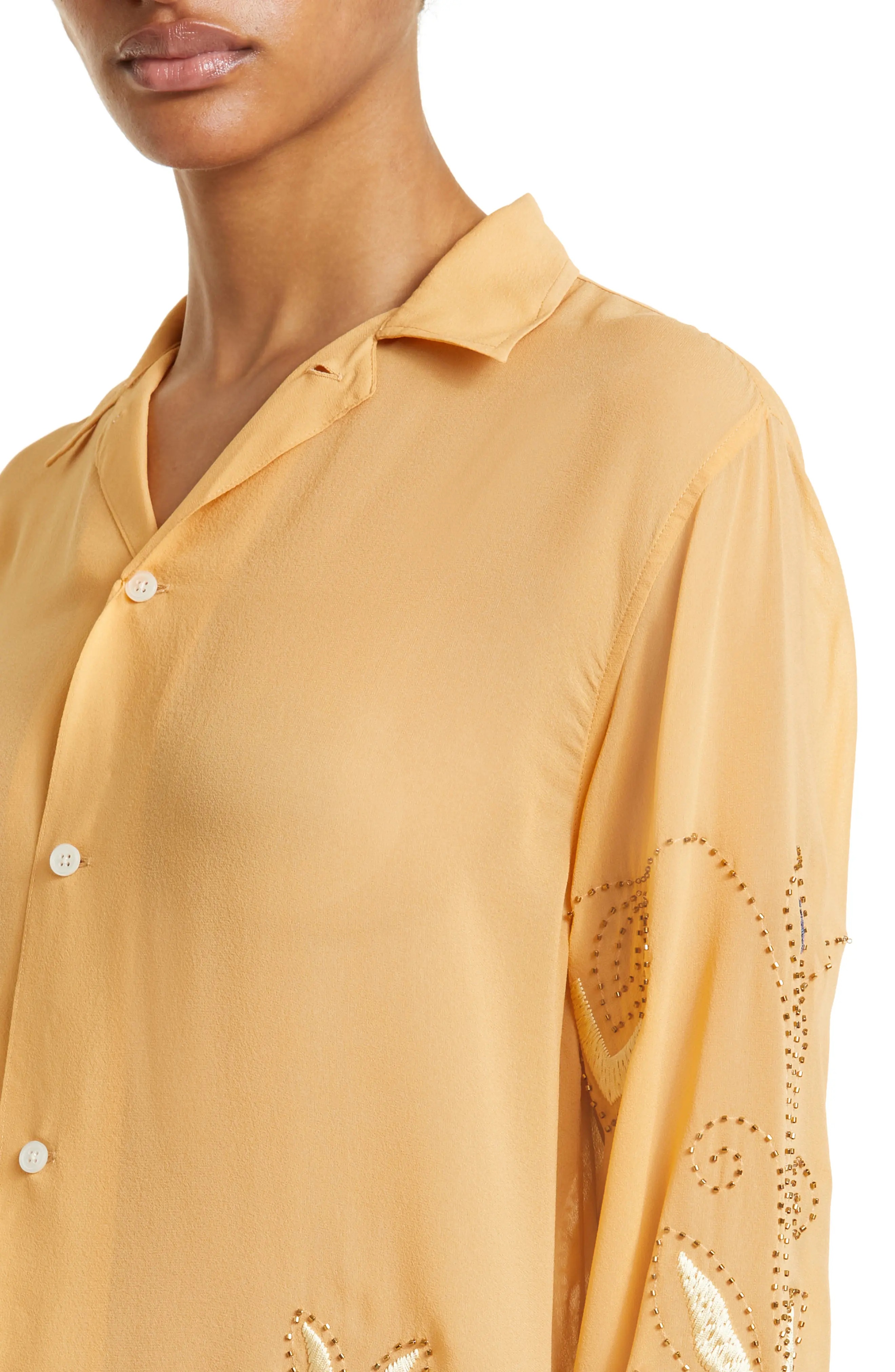 Beaded Cantaloupe Silk Georgette Button-Up Shirt - 4