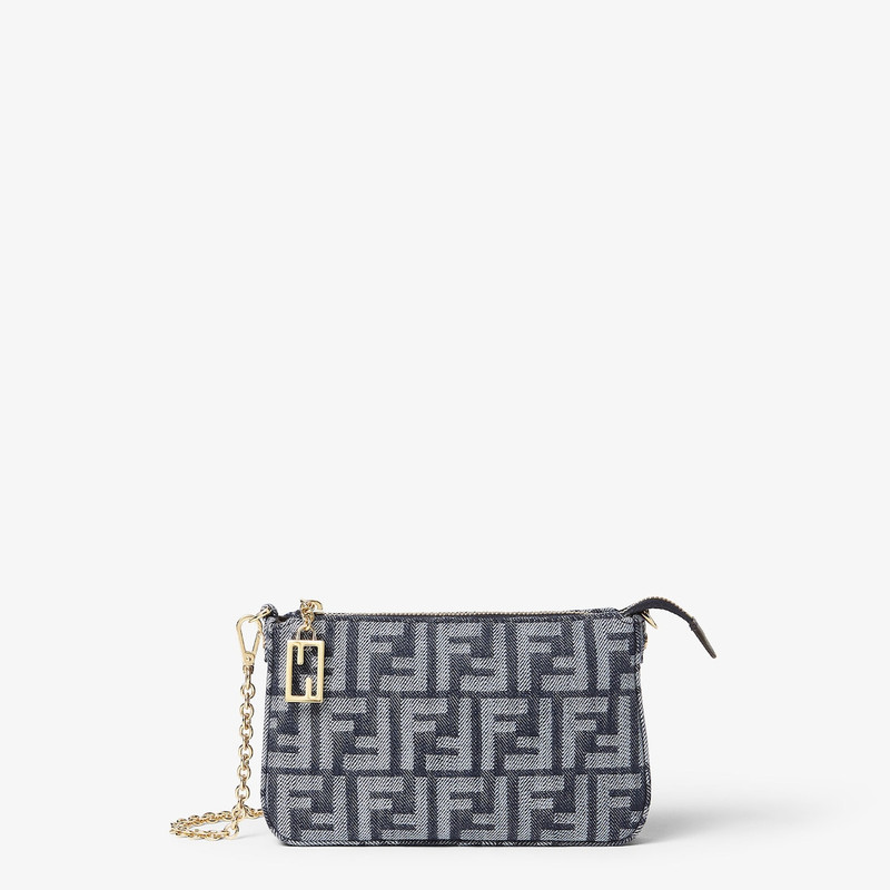 Baguette Pouch Blue denim-effect FF jacquard charm pouch with chain 1
