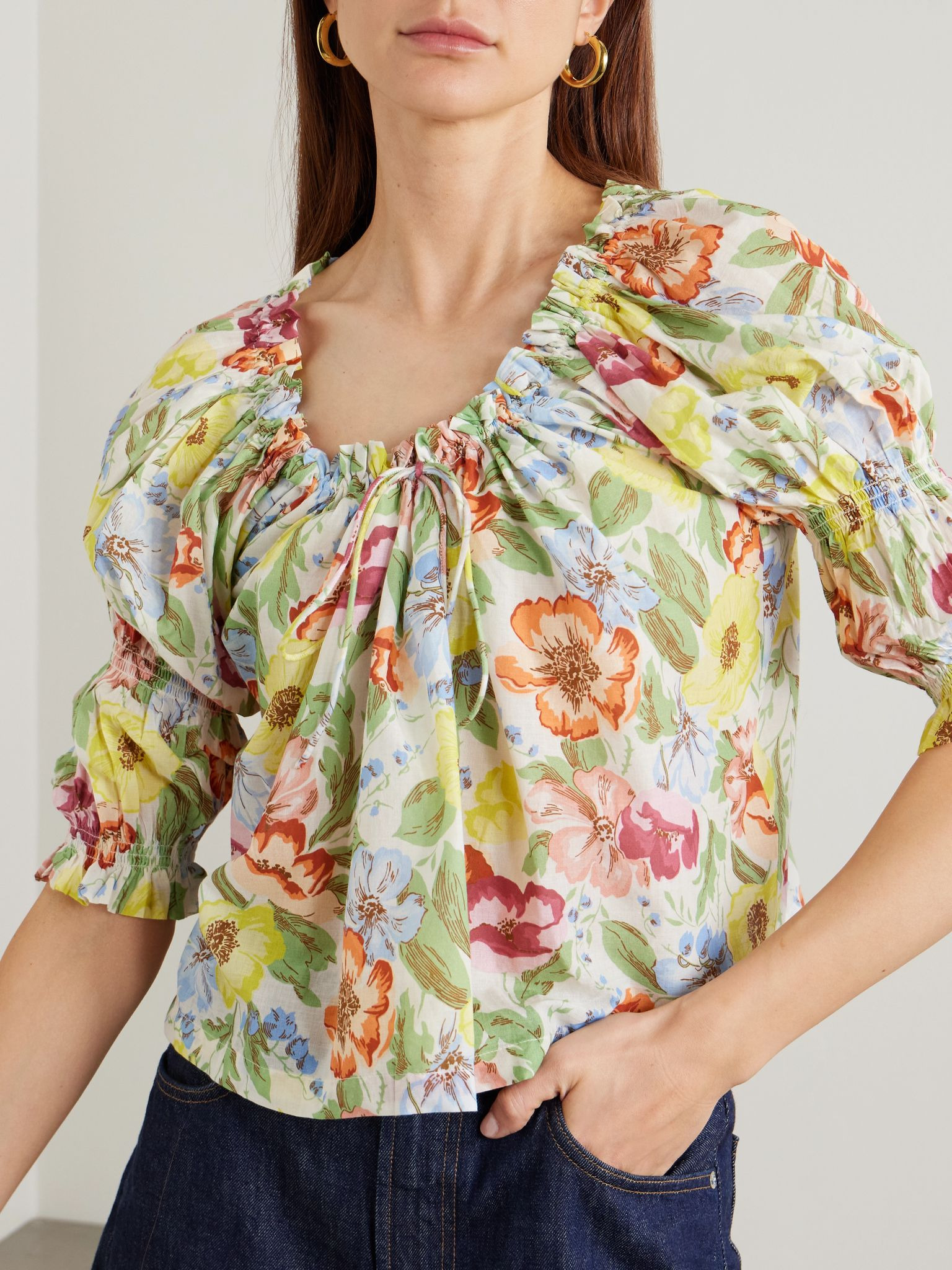 Inez gathered floral-print organic cotton-voile blouse Green - 3