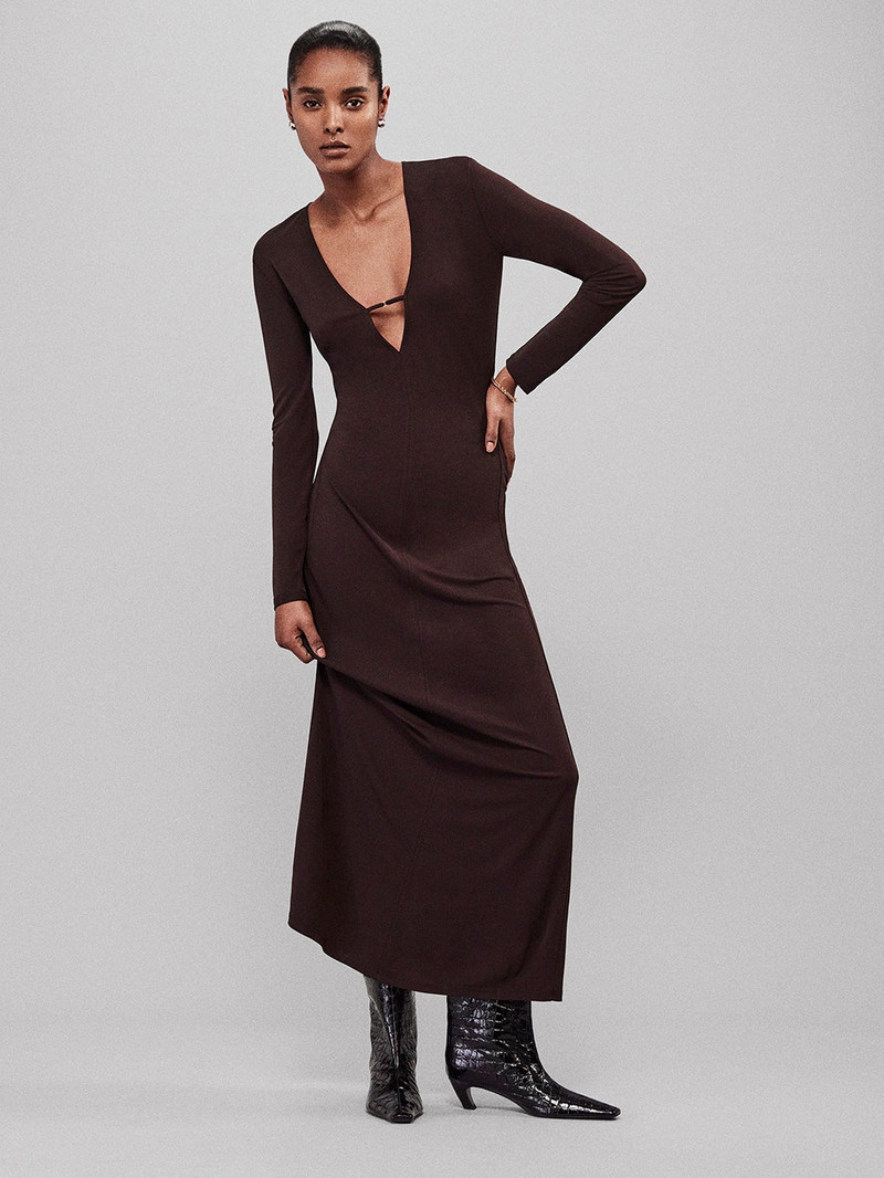 FRAME Deep V Jersey Dress in Chocolate Brown outlook