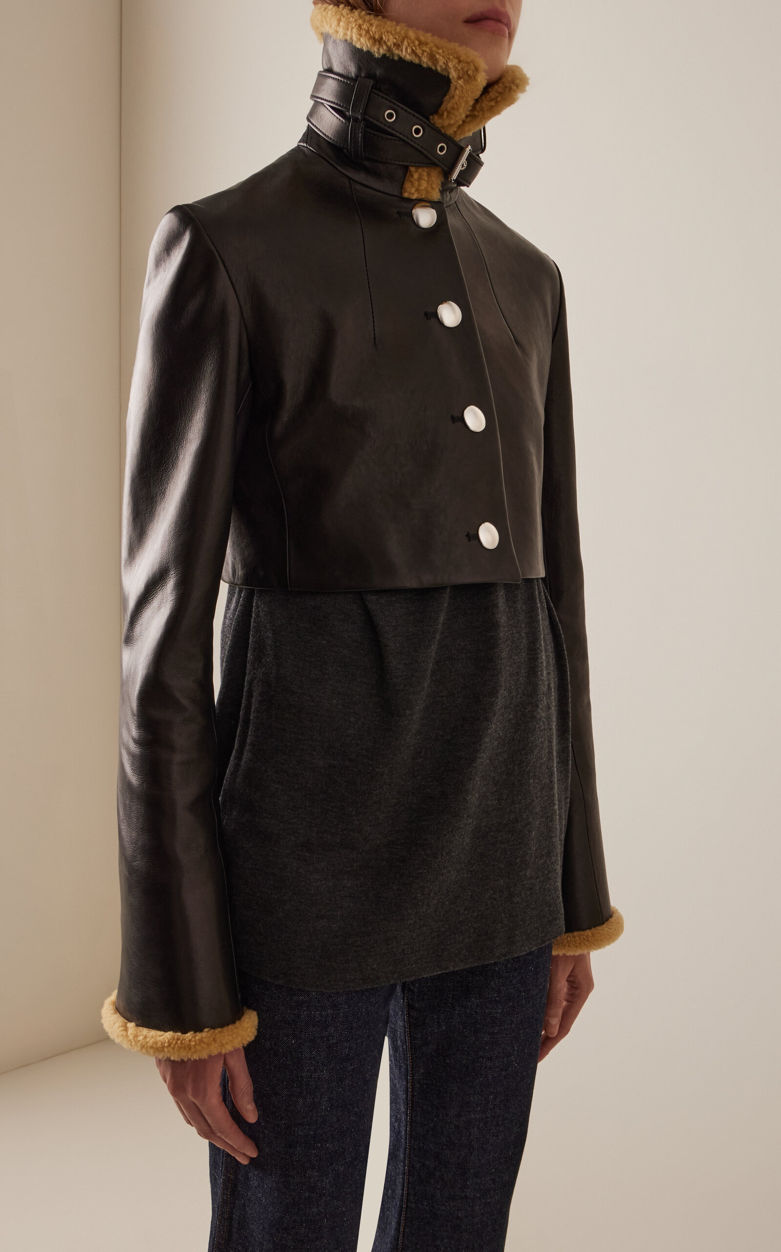 Jodie Shearling-Trimmed Leather Jacket black - 3