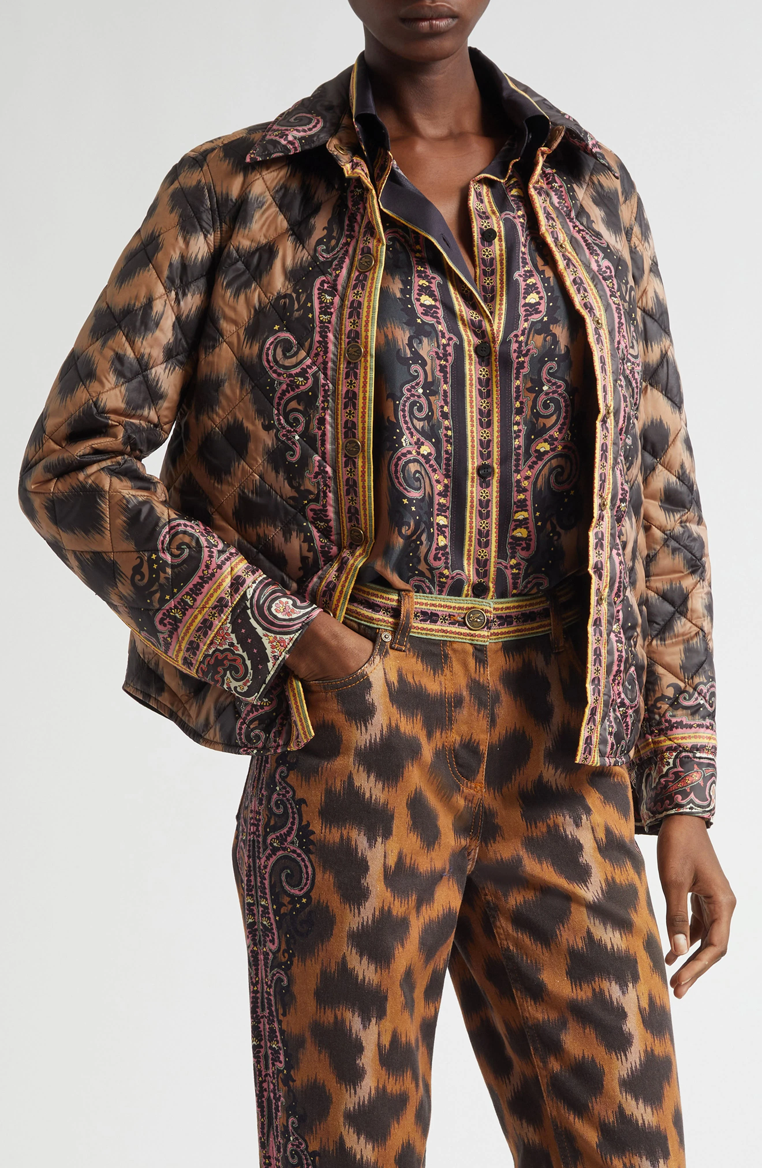 Etro Print Quilted Down Jacket in Dark Brown at Nordstrom - 1