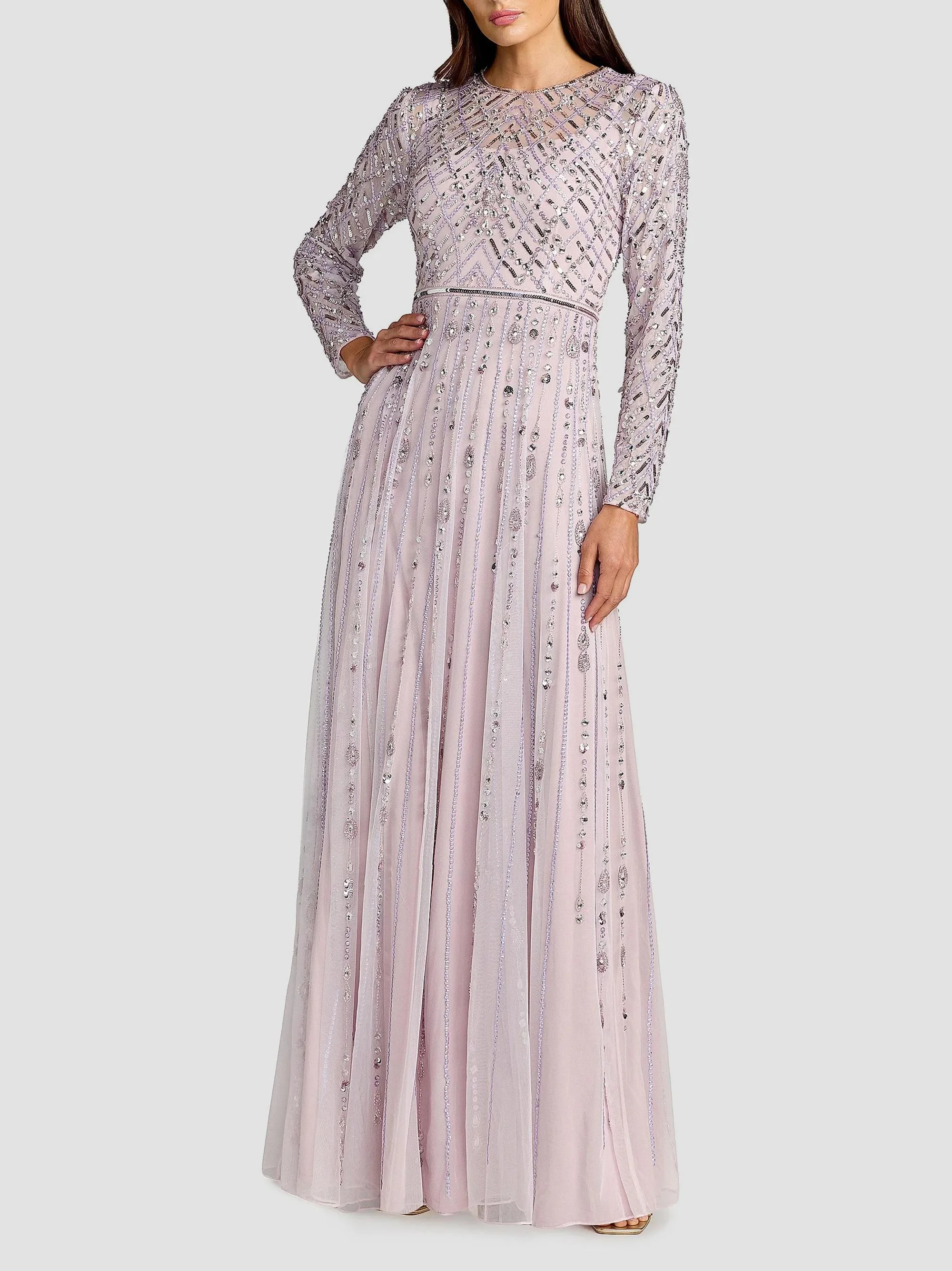 Women's Tulle Beaded Long-Sleeve A-Line Gown - Vintage Lilac - 1