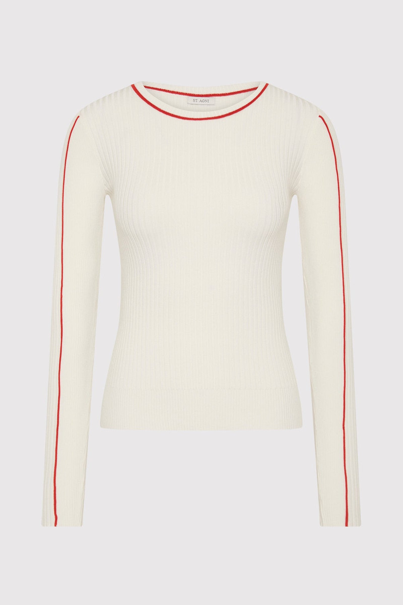 Fine Line Long Sleeve Top - Off White / Red 1