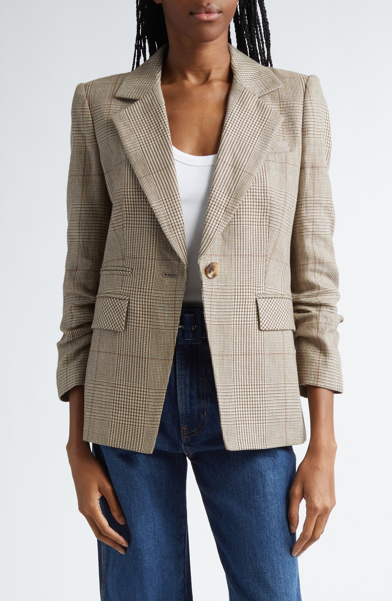 Veronica Beard Battista Glen Plaid Linen & Cotton Blend Dickey Jacket in Ecru/Ochre at Nordstrom - 1