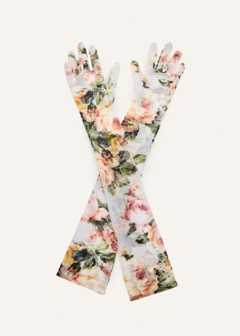 Cupro gloves in cream rose print 1