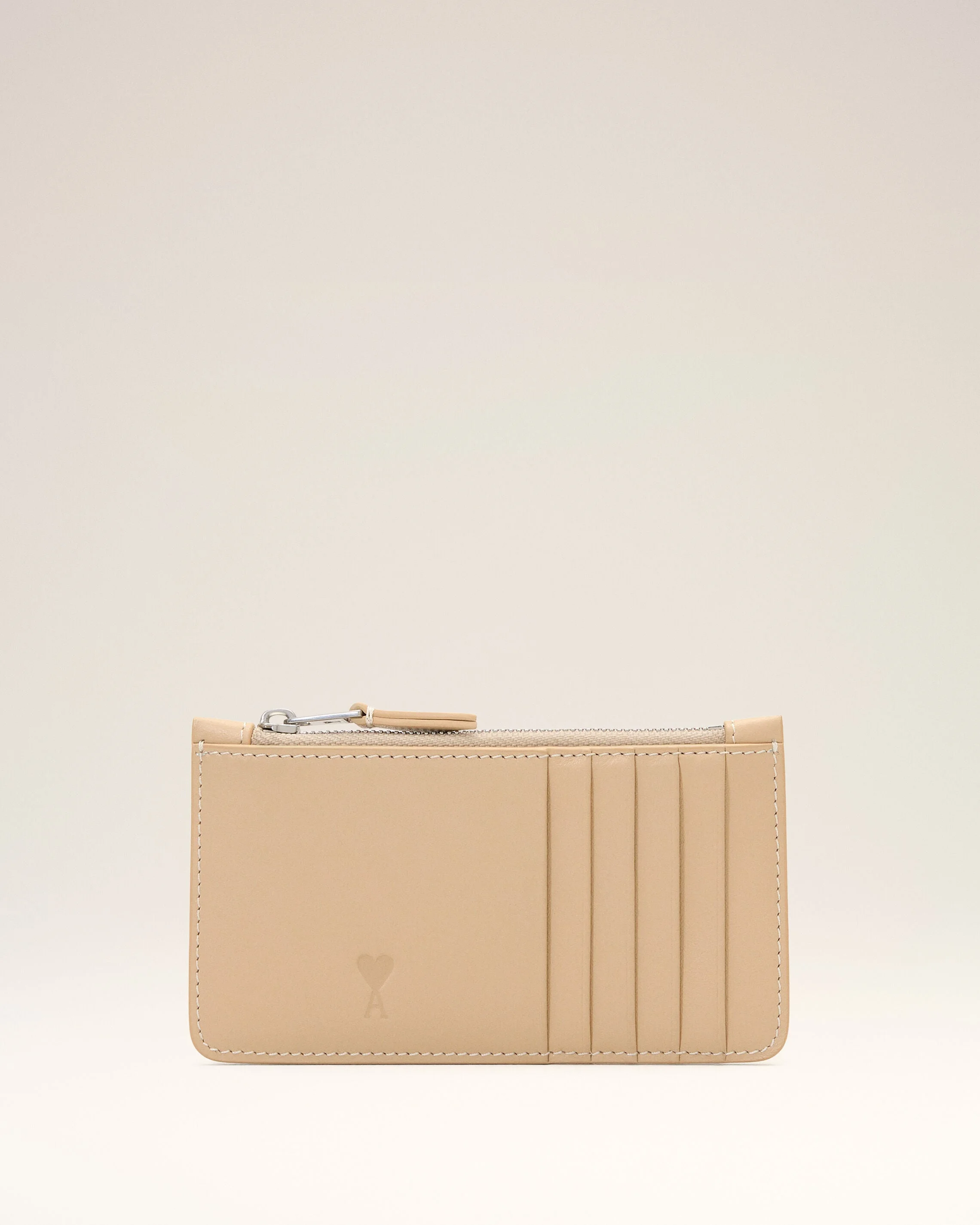 BEIGE ZIPPED COWHIDE LEATHER CARD HOLDER WITH AMI DE COEUR - 1