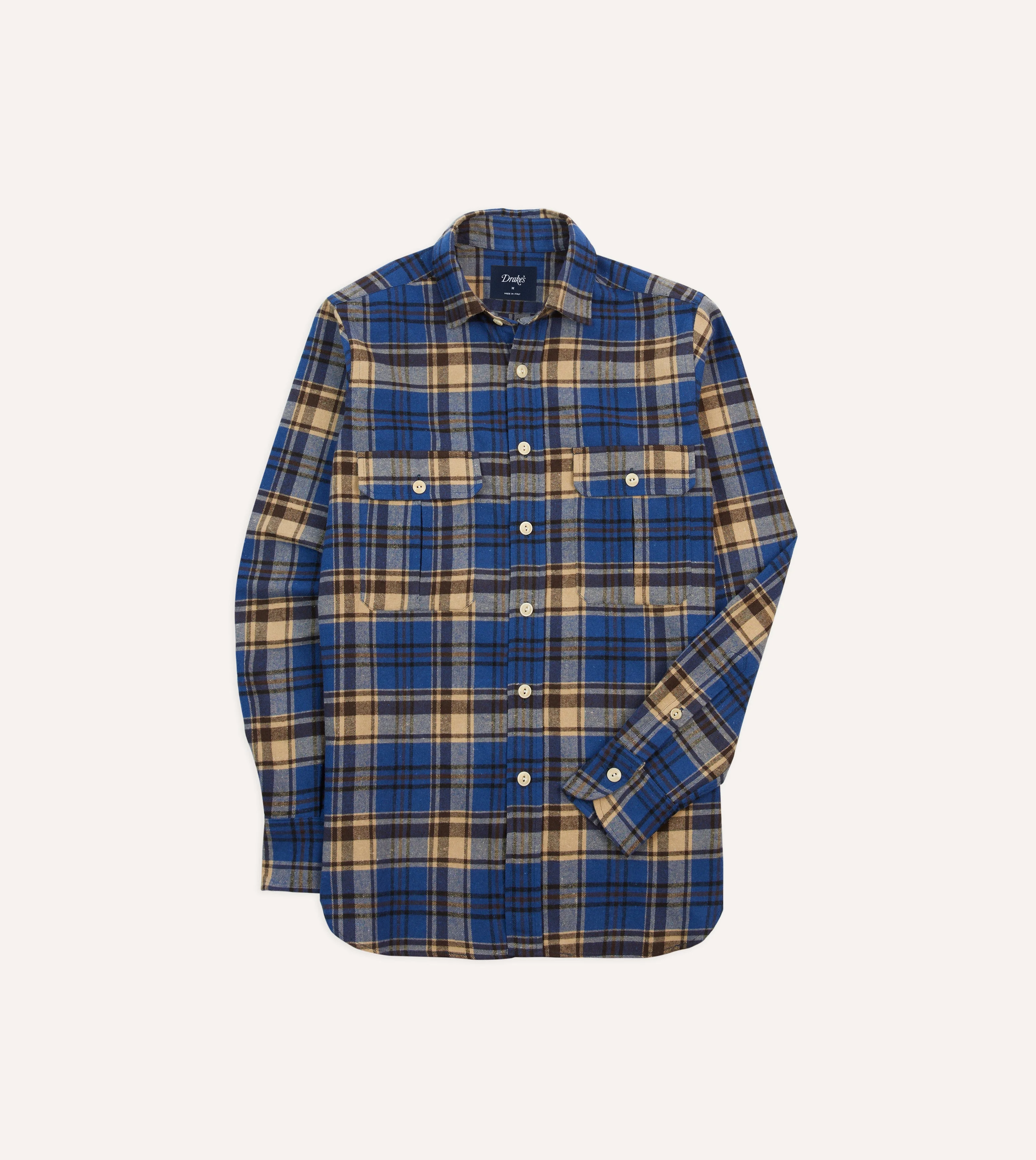 Blue and Ecru Check Brushed Cotton Two-Pocket Work Shirt - 1