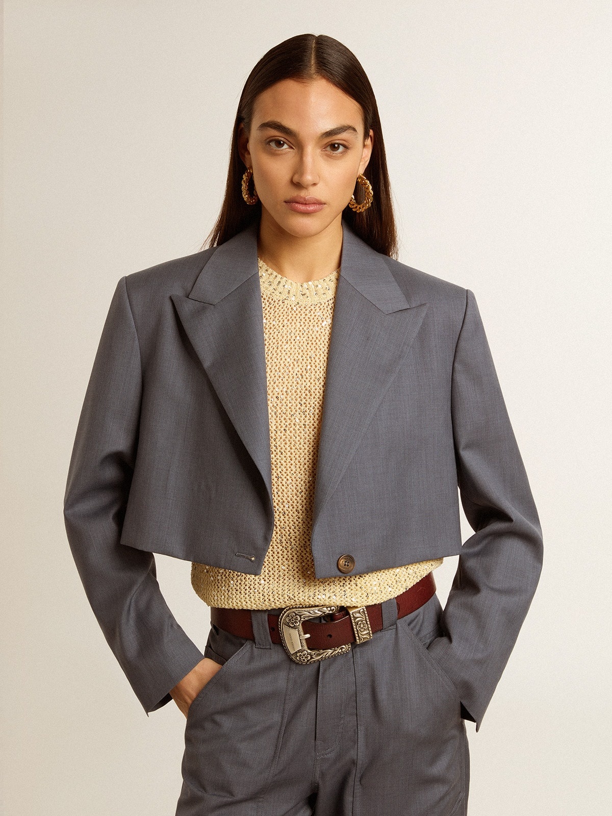 Women's single-breasted cropped jacket in baby blue wool - 2