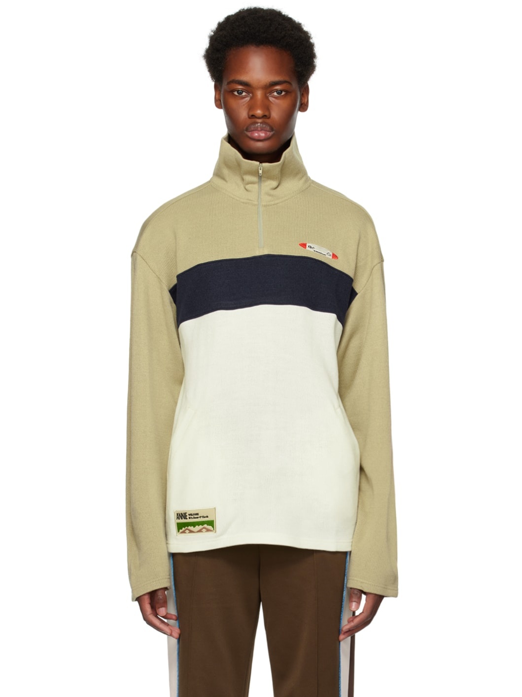 Off-White & Taupe Half-Zip Track Jacket - 1