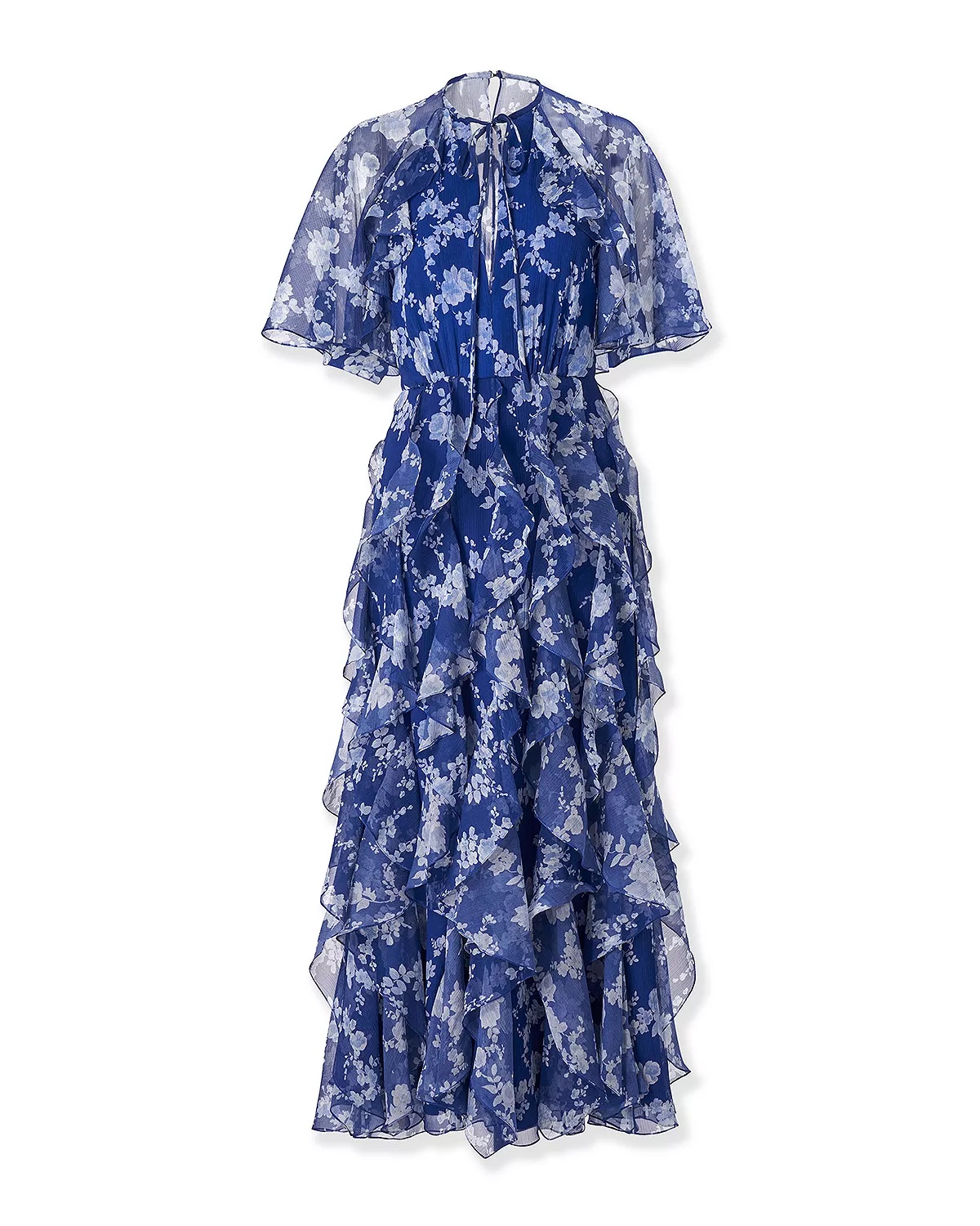 Silk Short Sleeve Tie Cape Ruffle Dress - 4