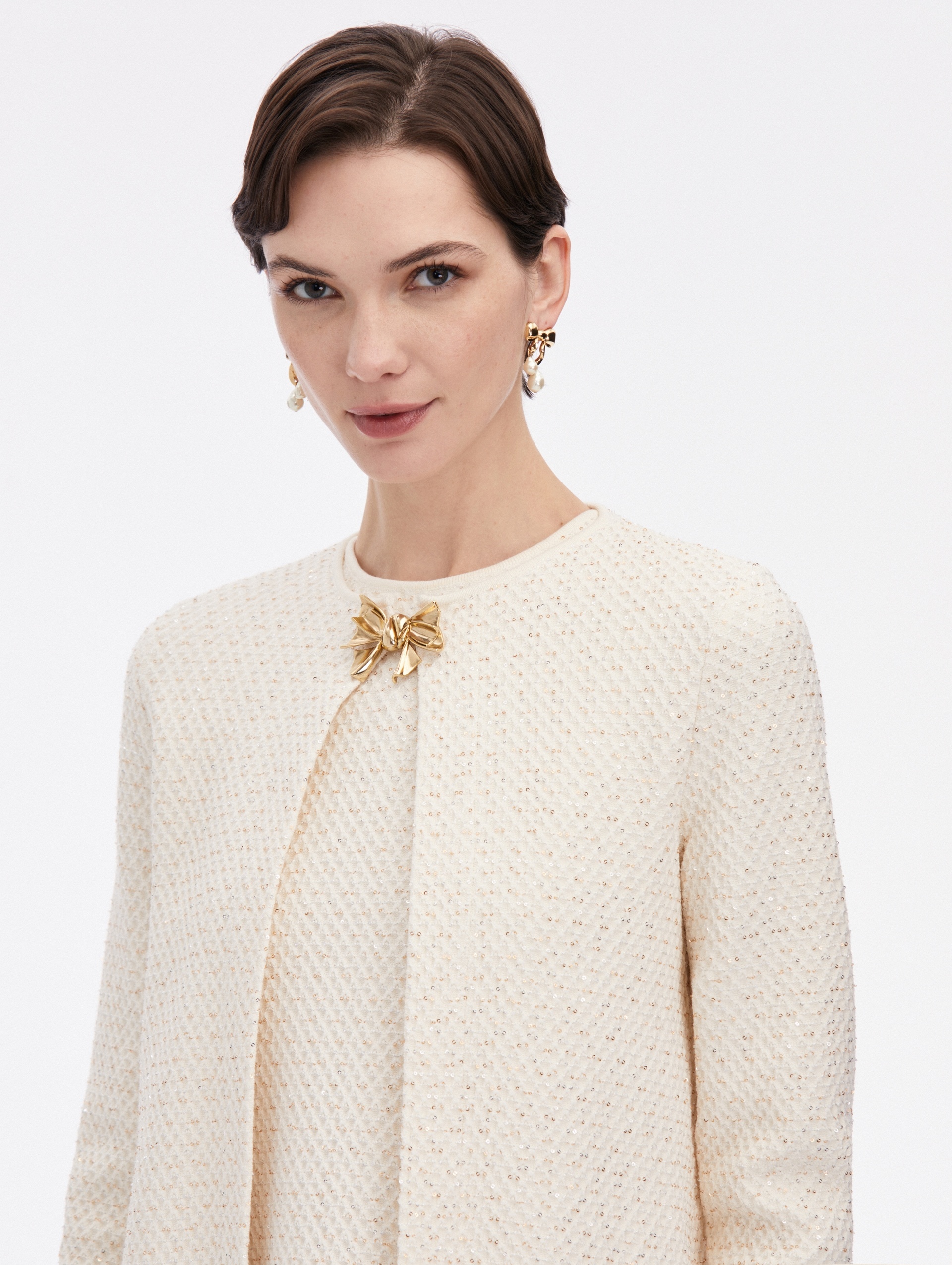 BOW BUTTON SEQUIN TWEED COAT - 4