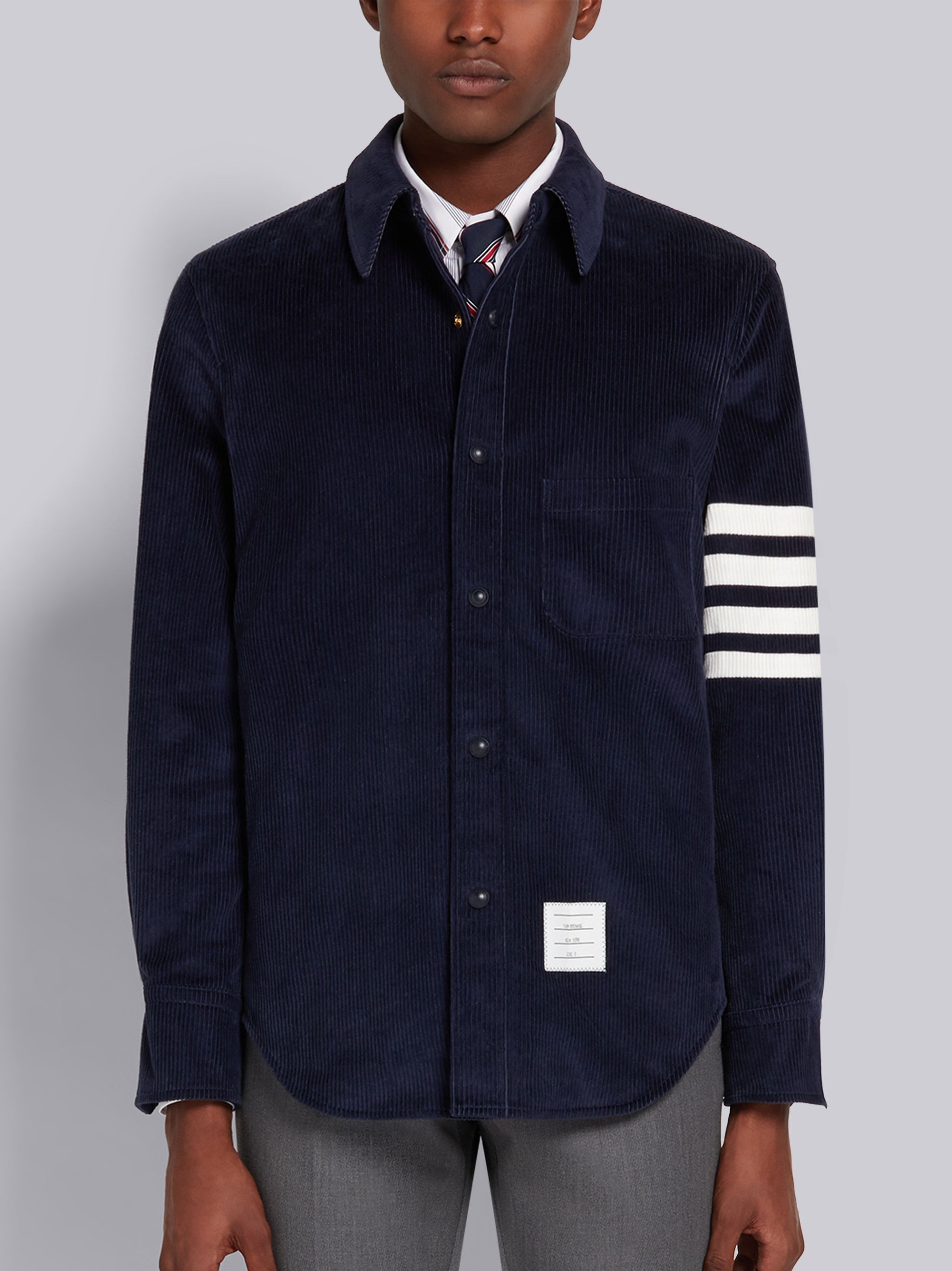 Navy Garment Dyed Corduroy 4-Bar Snap Front Shirt Jacket - 1