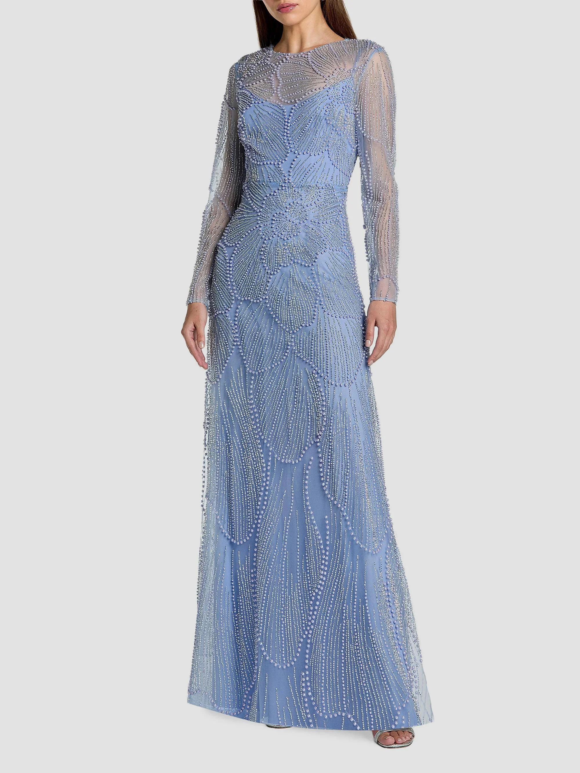 Women's Beaded Mesh Long-Sleeve A-Line Gown - Periwinkle - 1