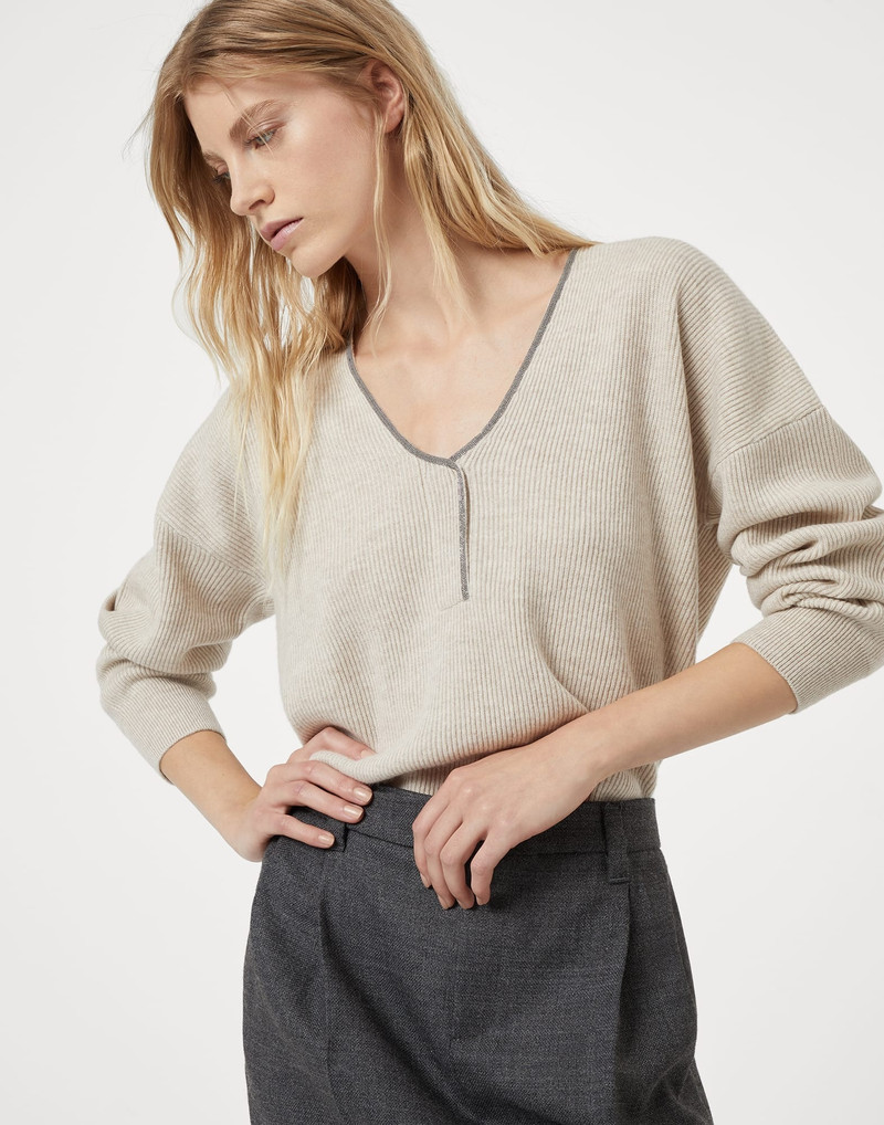 Cashmere English rib sweater with shiny neckline 4