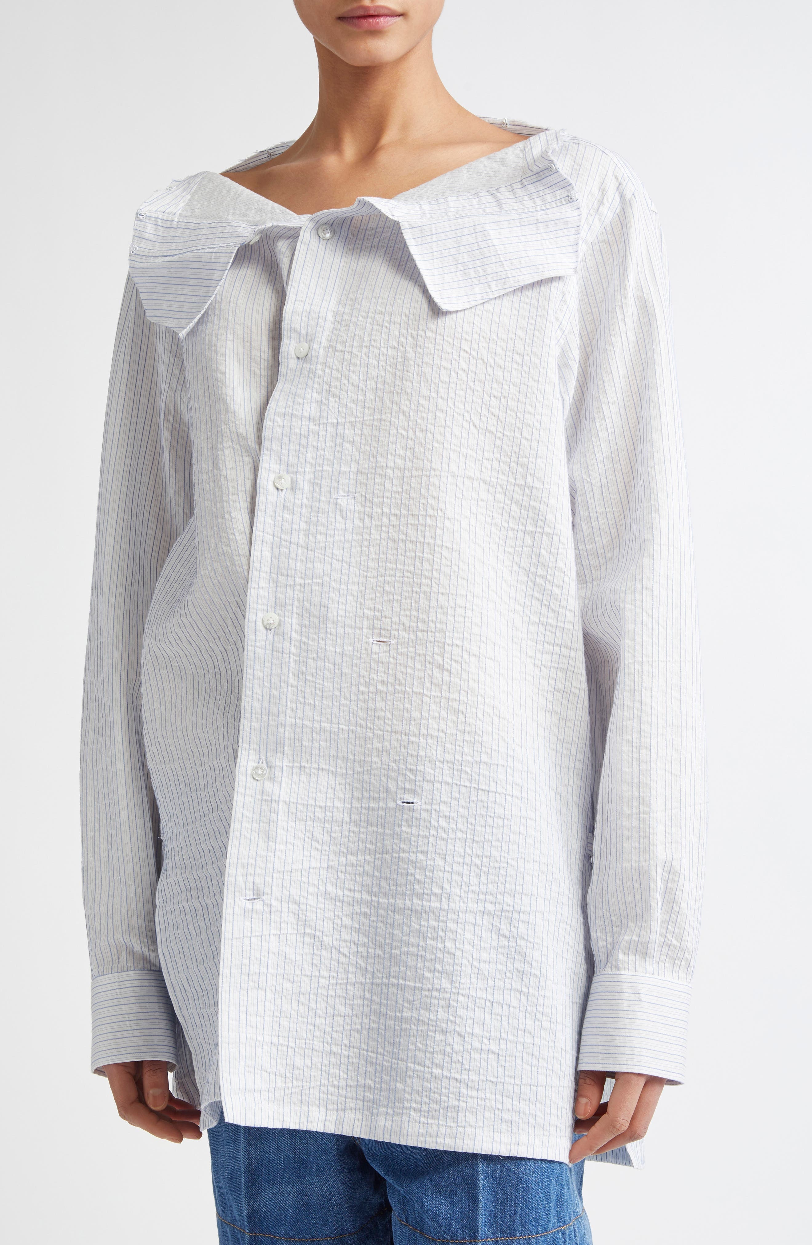 SETCHU Hook & Eye Stripe Cotton & Linen Button-Up Shirt in Light Blue Skystripe at Nordstrom - 3