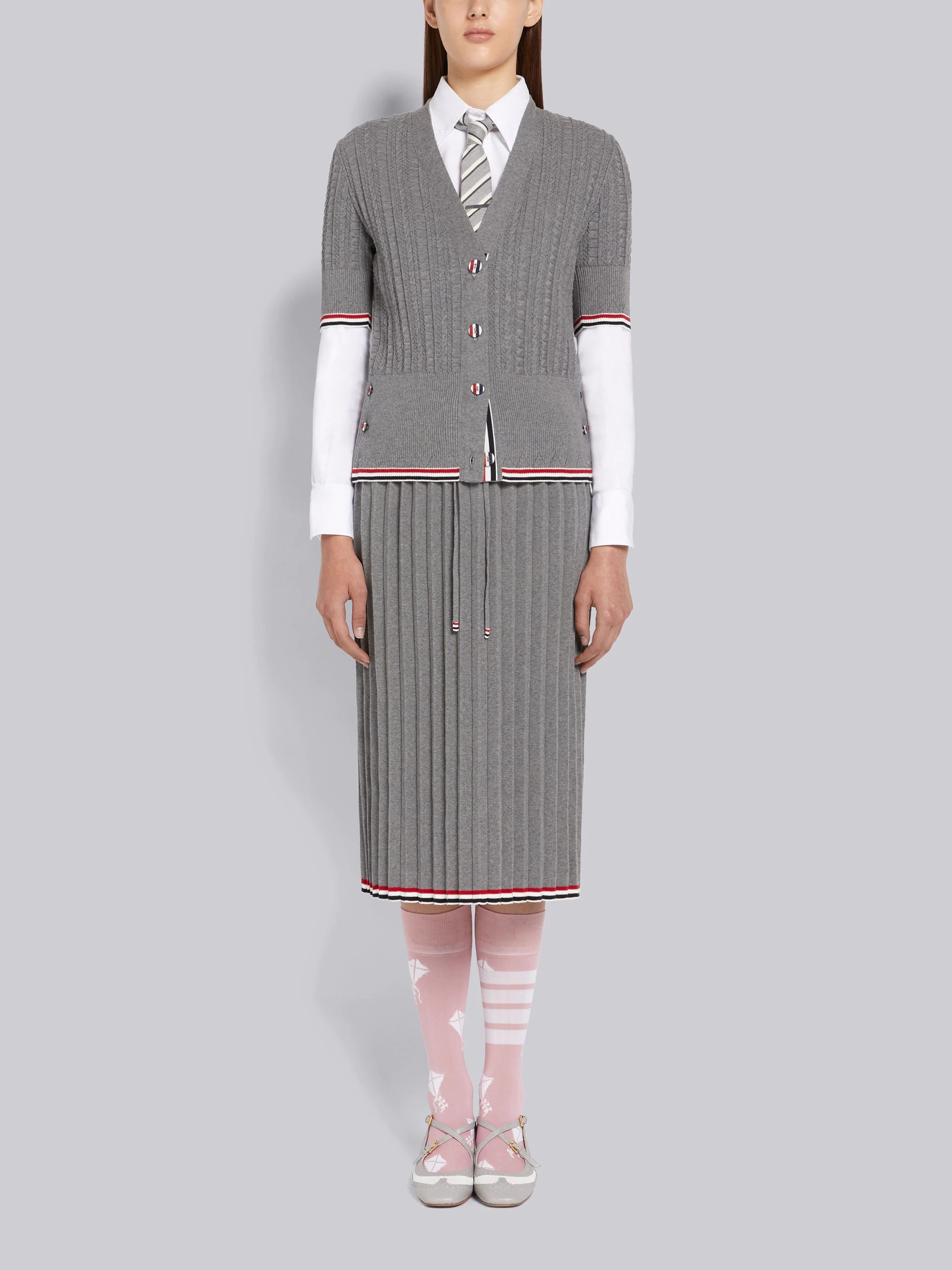 Light Grey Cable Texture Overtwisted Cotton Stripe Framing Accordion Pleat Knee Length Skirt - 4