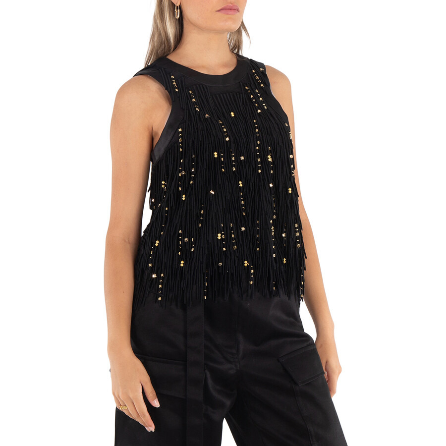 Sacai Ladies Black Beaded Fringe Lace Tank Top, Brand Size 1 - 4