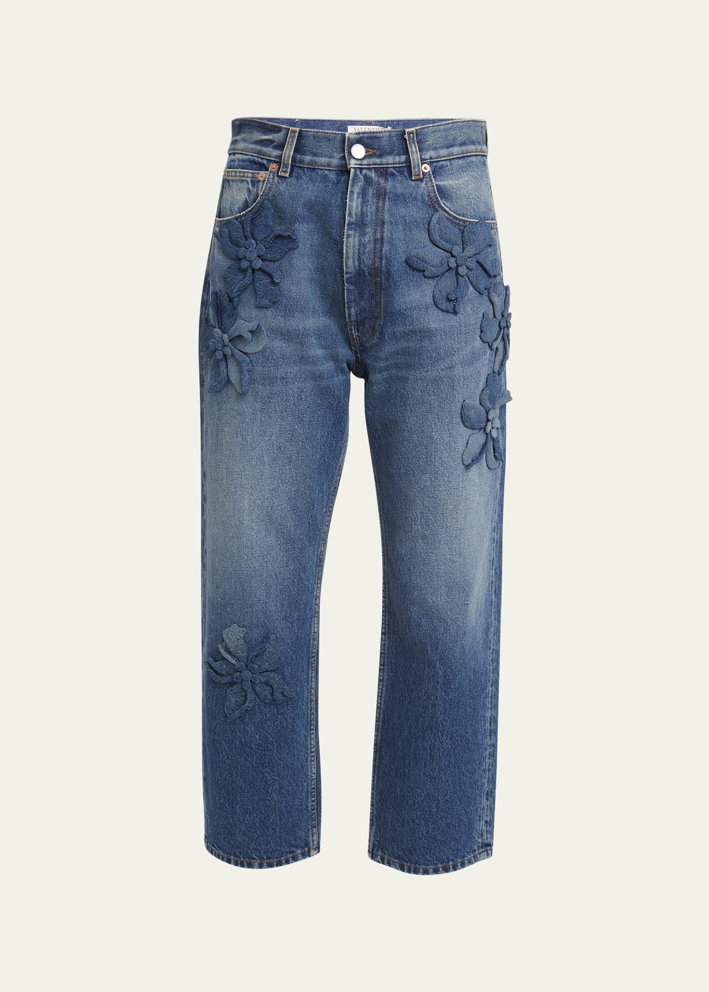 Valentino Cropped Wide-Leg Jeans with Flower Detail