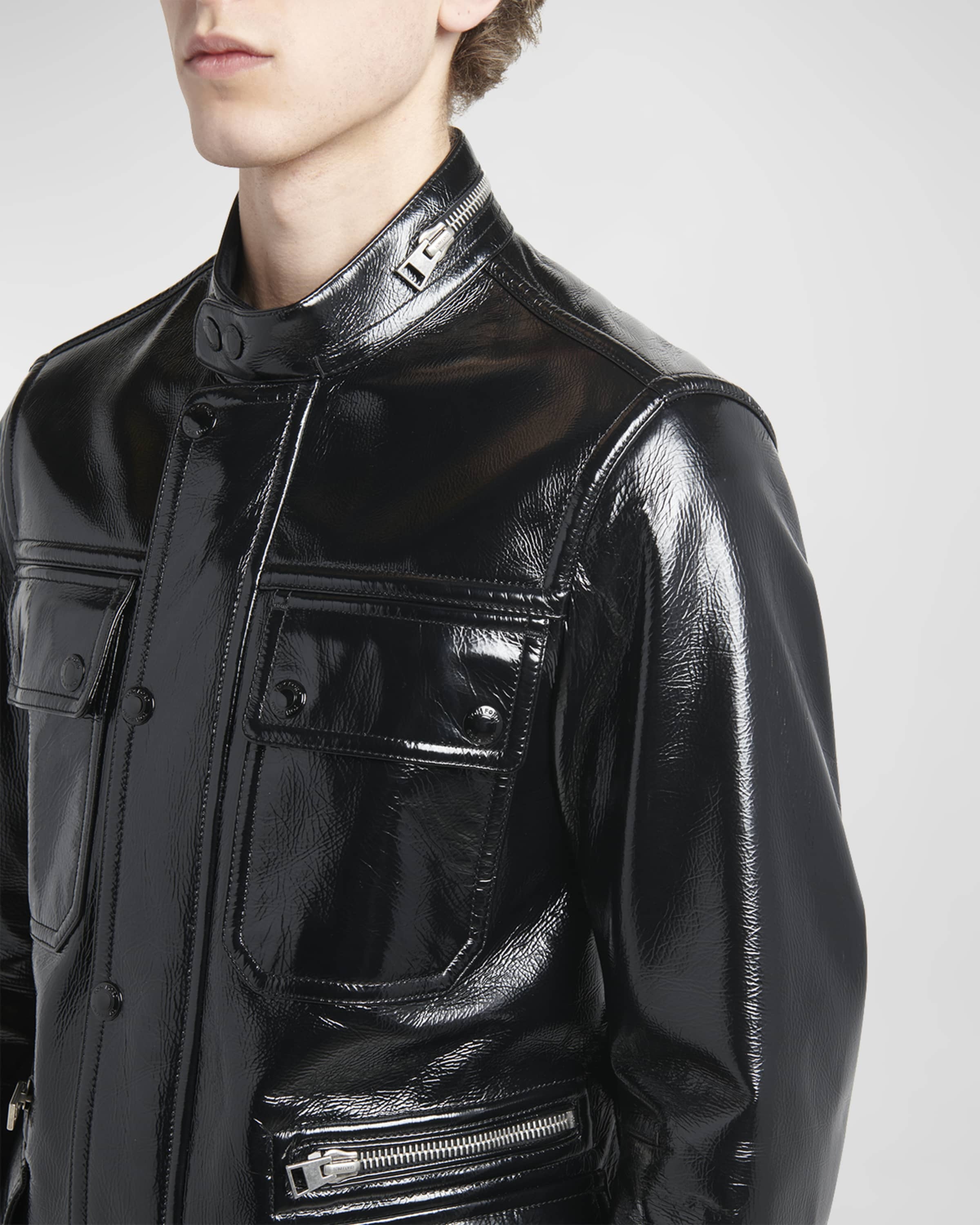 Men's Shiny Crackled Leather Motorcycle Jacket - 5