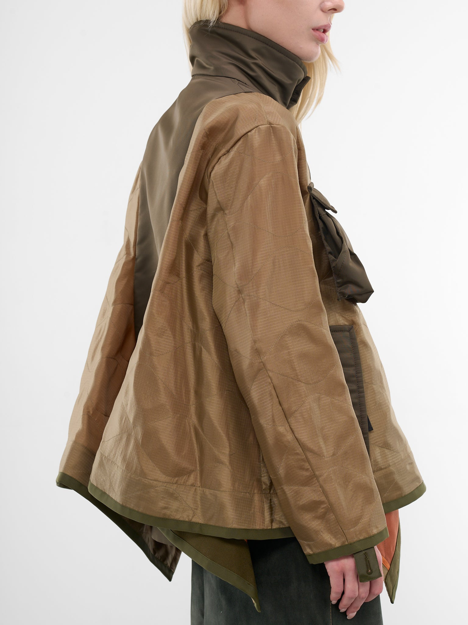 Khaki Nylon Contrast Drape Jacket - 5