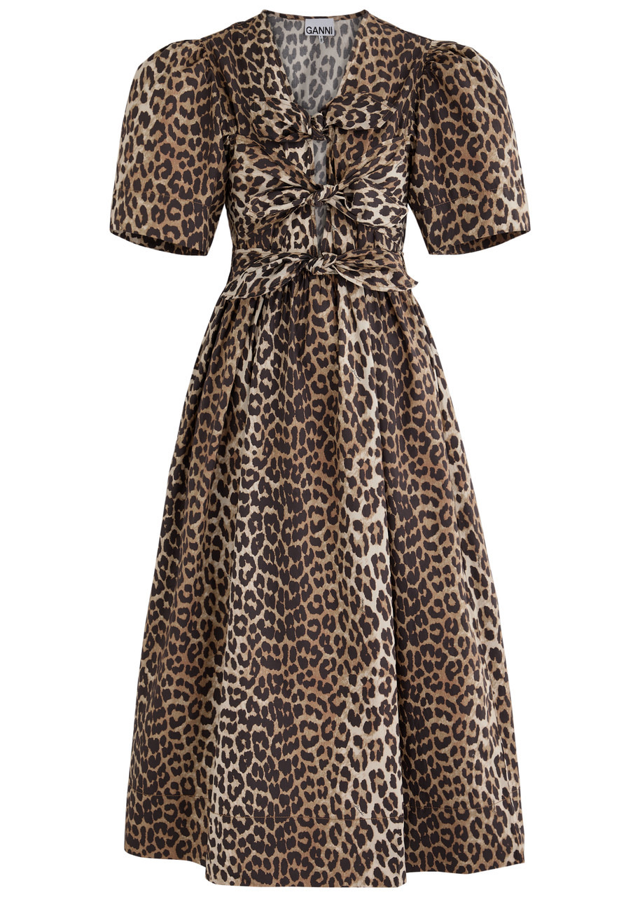 Ganni Leopard-print Belted Cotton Midi Dress - 1